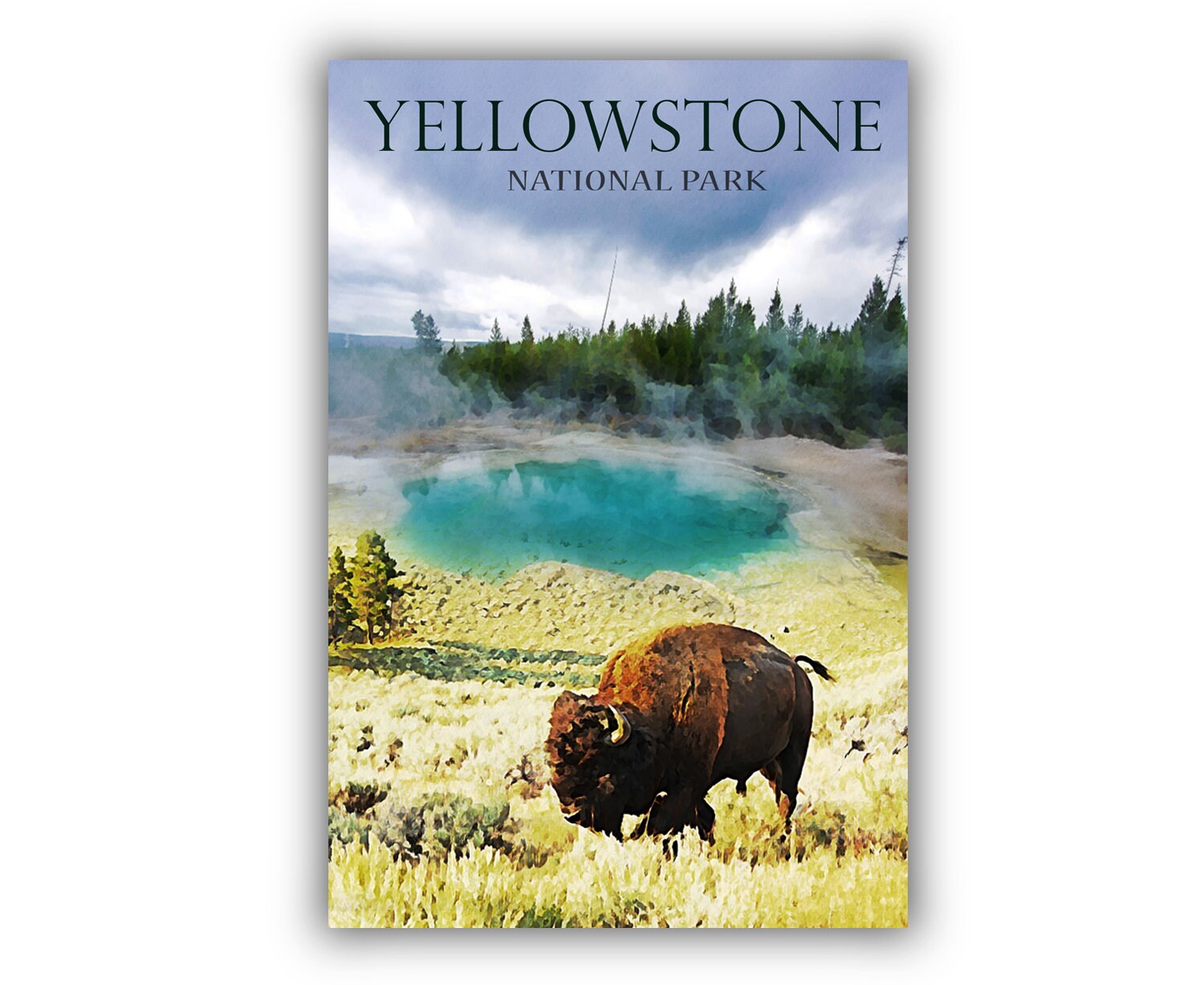 Vintage Yellow Stone National Park Travel Poster, Yellow Stone National Park Print,  Wyoming Retro Travel Poster, Retro Travel Poster, Bison