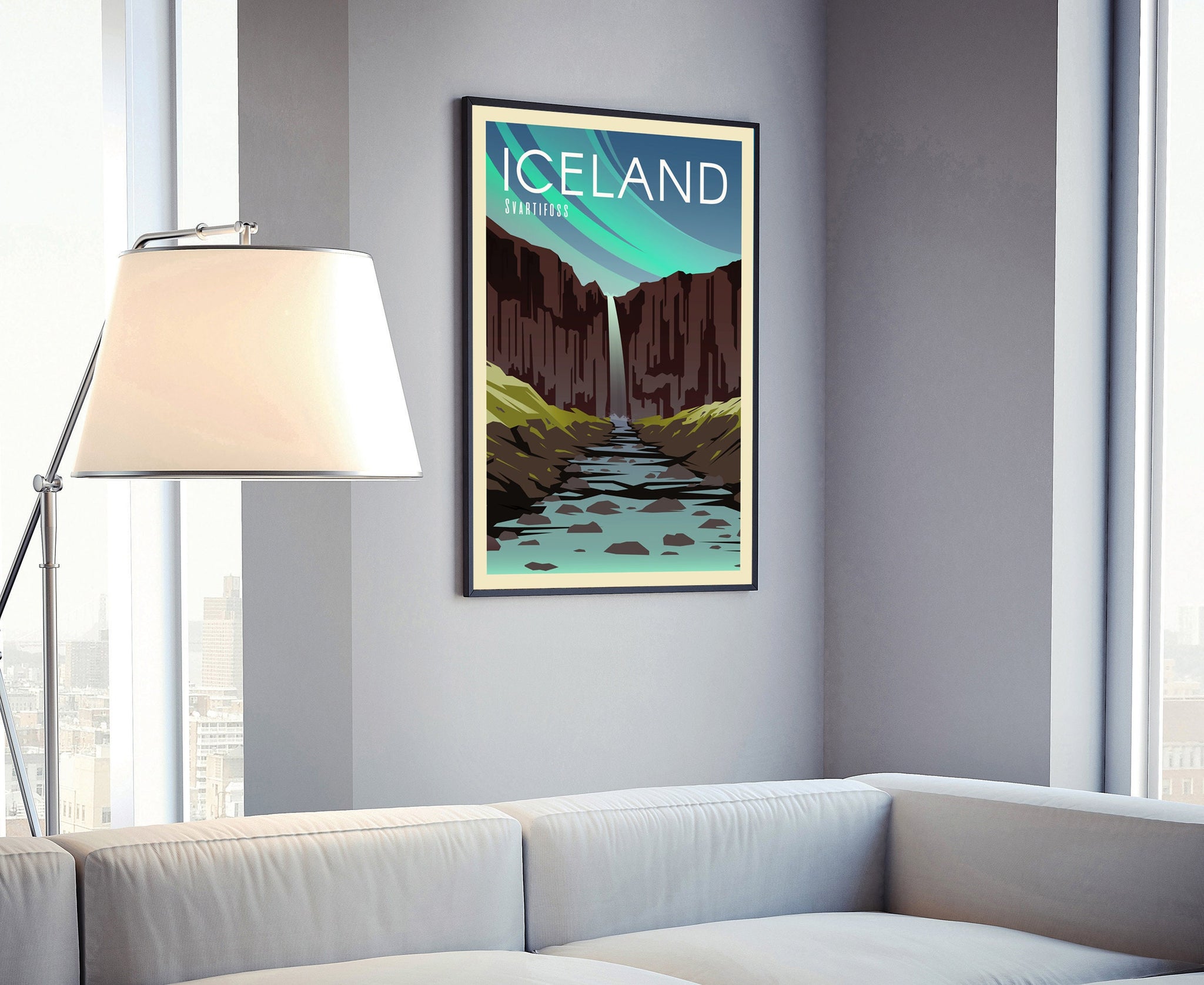 Retro Style Travel Poster, Iceland Vintage Rustic Poster Print, Home Wall arts, National Parks, Black Waterfall Svartifoss, Country Poster