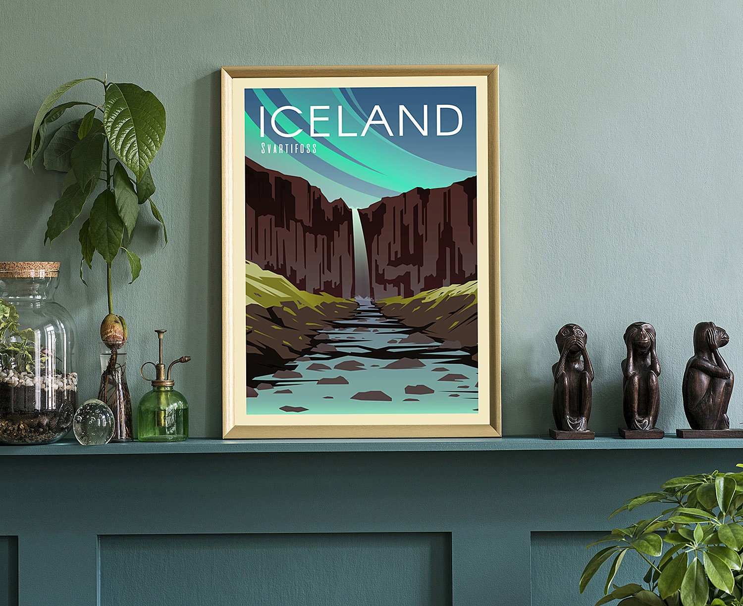 Retro Style Travel Poster, Iceland Vintage Rustic Poster Print, Home Wall arts, National Parks, Black Waterfall Svartifoss, Country Poster