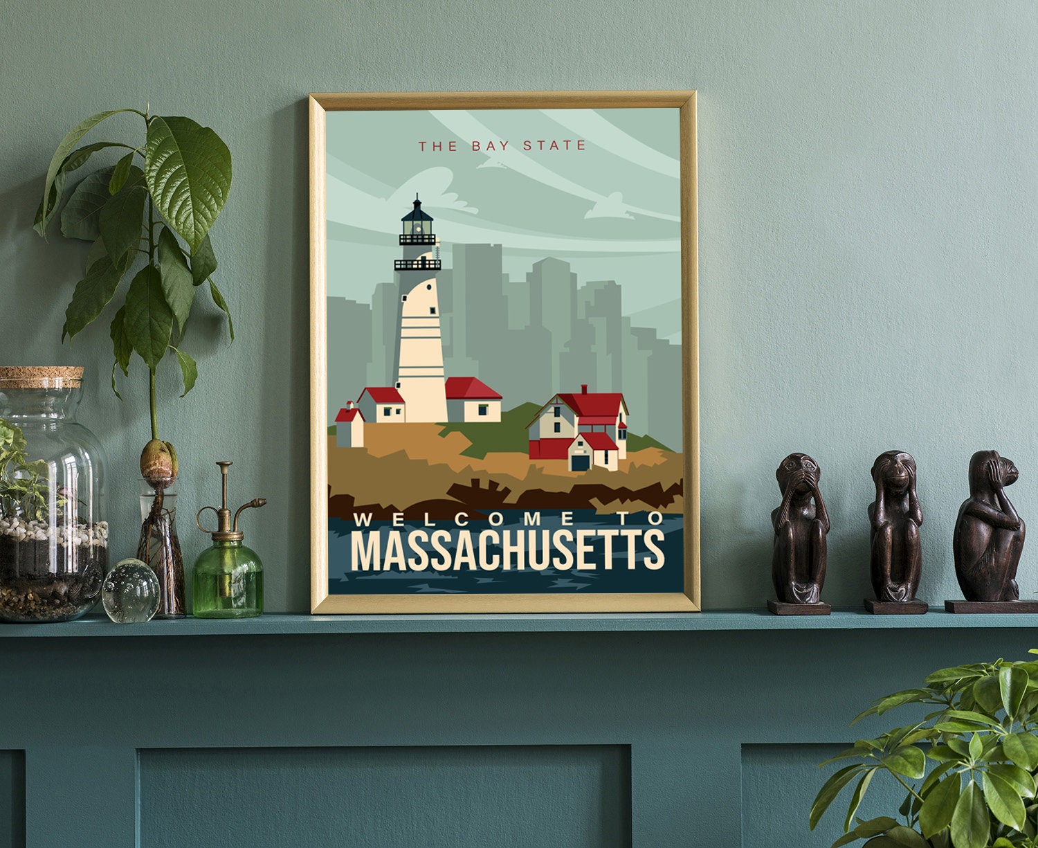 MASSACHUSETTS retro style travel poster, Massachusetts vintage rustic poster print, Home wall art, Massachusetts state map poster art print