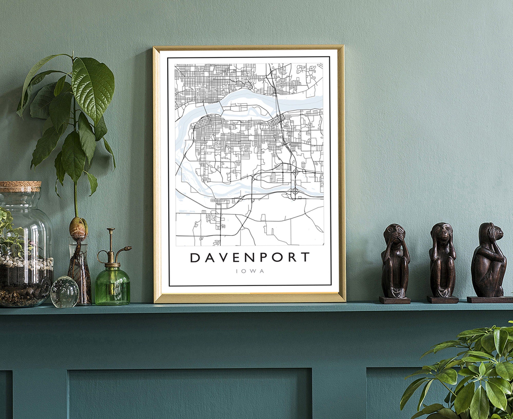 Davenport Iowa City Map, Iowa City Road Map Poster, City Street Map Print, Modern US City Map, Home Art Decoration, Office Wall Art Print