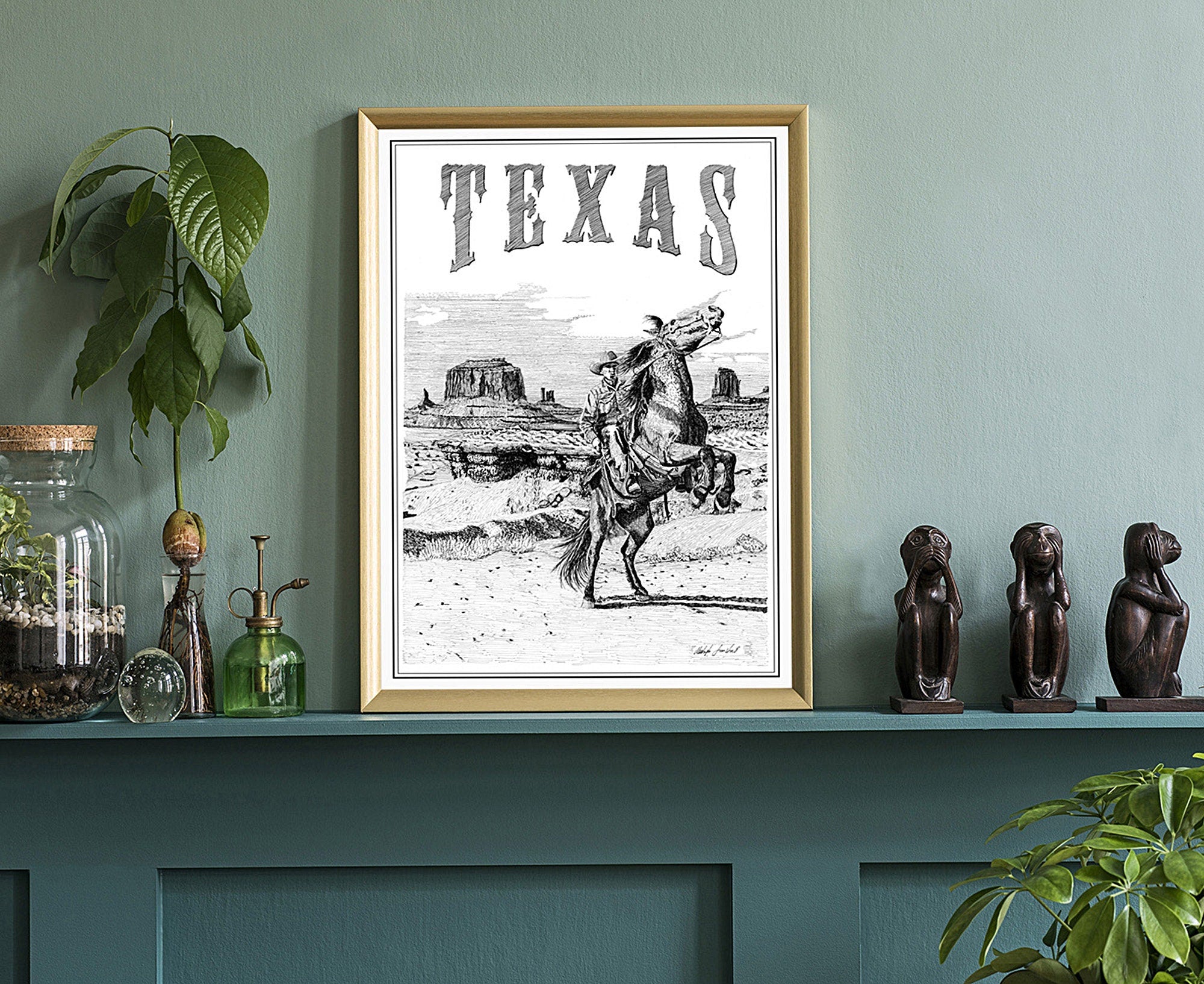 Hand made Retro Style Travel Poster, Texas Vintage Rustic Poster, Gravure Technique Paint, Calligraphy States Poster Print, State Map Poster