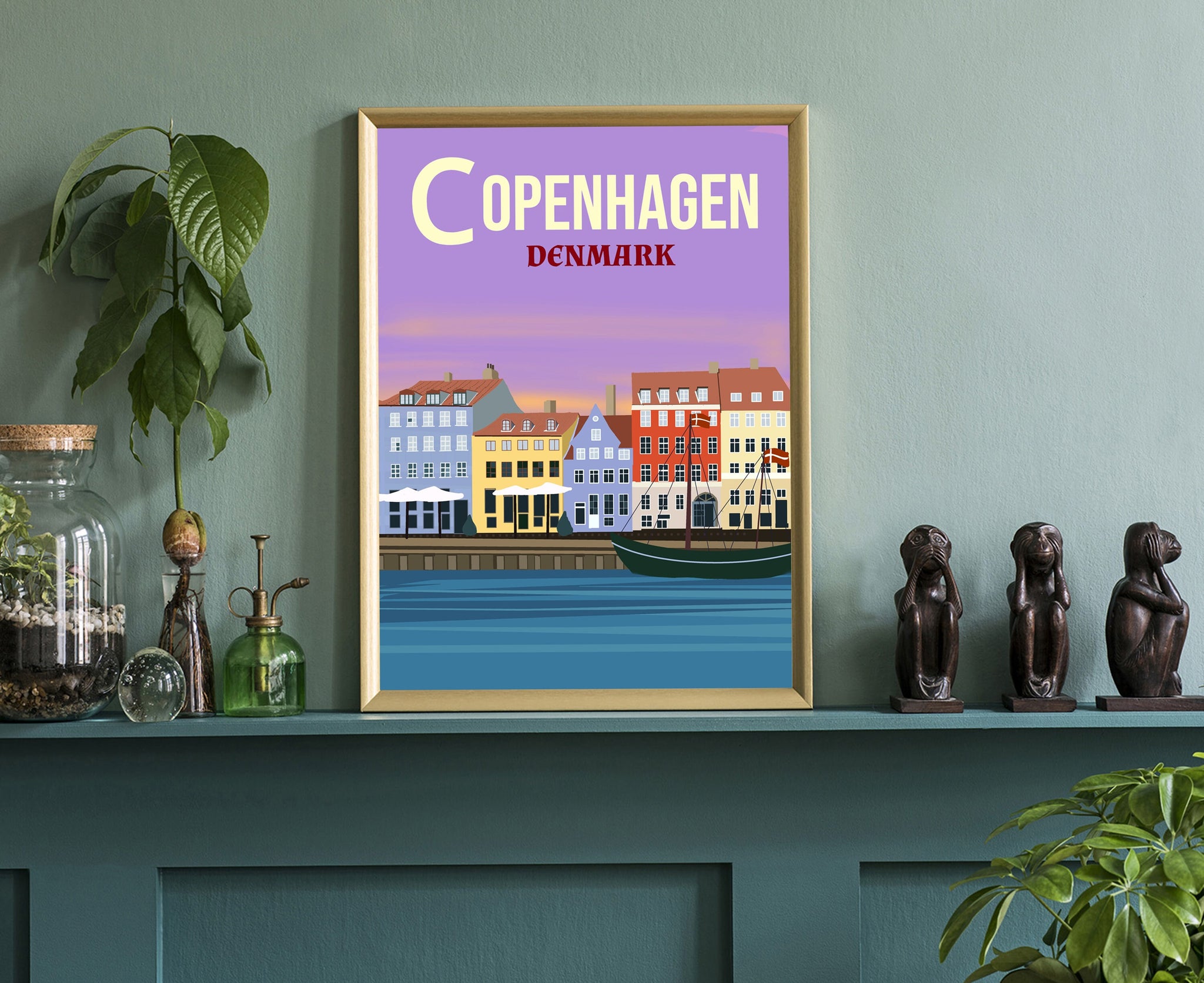 COPENHAGEN retro travel poster, Denmark Copenhagen cityscape poster, Copenhagen landmark poster wall art, Home office wall art decoration