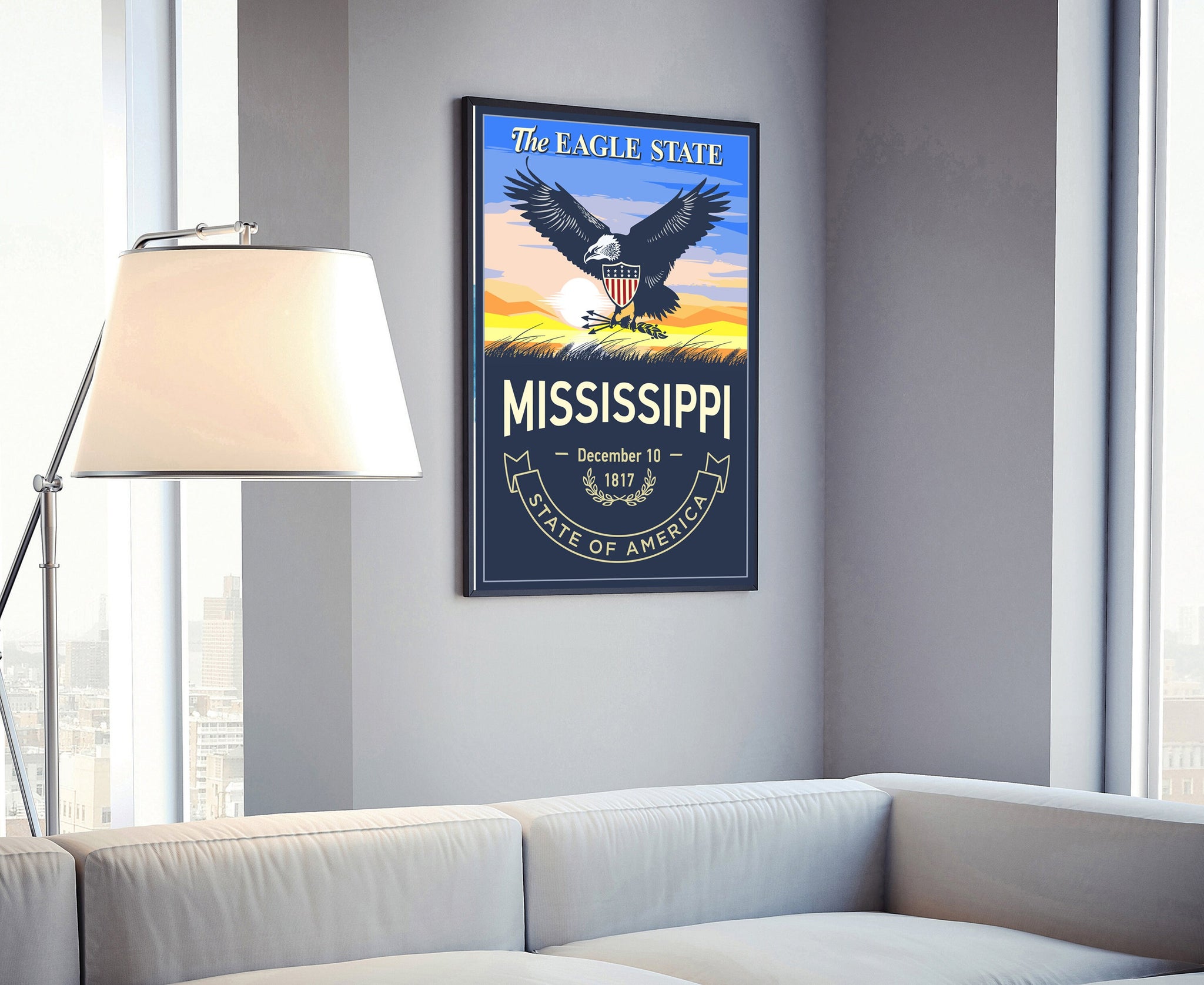 United States Poster, Mississippi State Poster Print, Mississippi State Emblem Poster, Retro Travel State Poster, Home and Office Wall Art