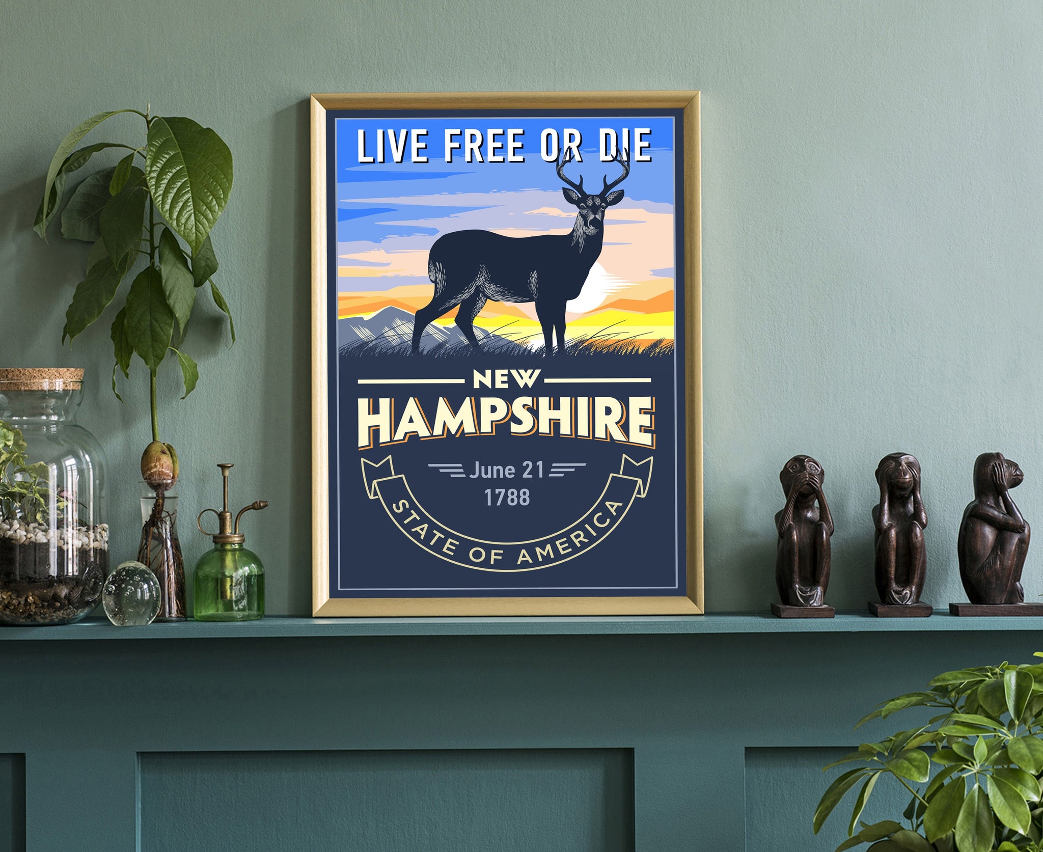 United States Poster, New Hampshire State Poster Print, New Hampshire State Emblem Poster, Retro Travel State Poster, Home Office Wall Art