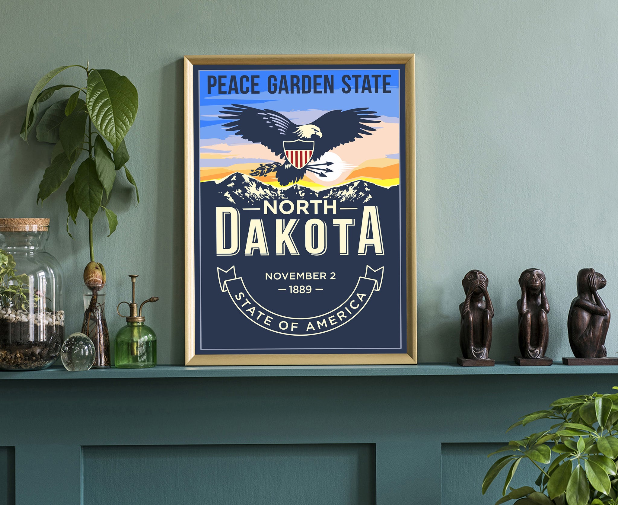 United States Poster, North Dakota State Poster Print, North Dakota State Emblem Poster, Retro Travel State Poster, Home Office Wall Art