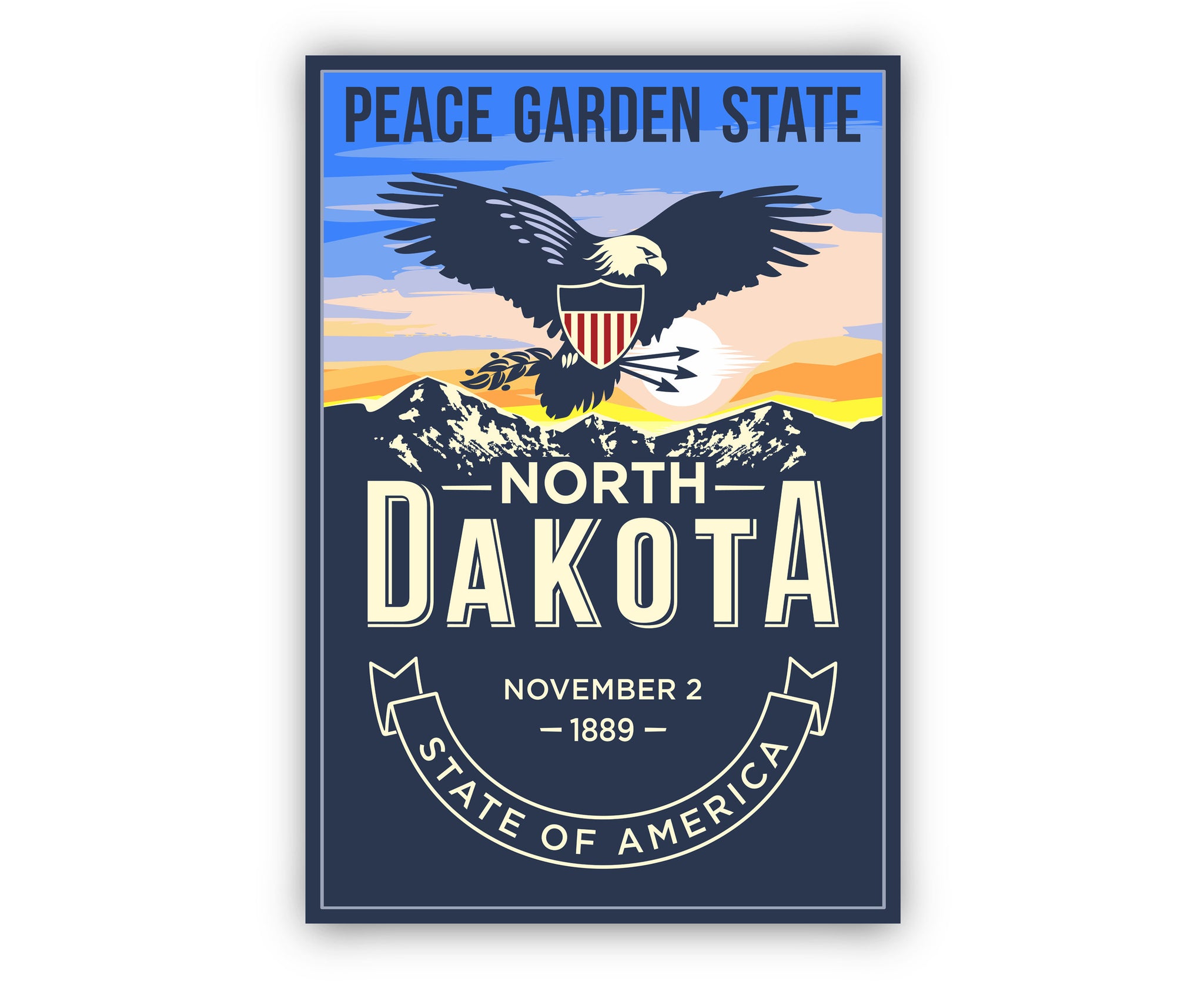 United States Poster, North Dakota State Poster Print, North Dakota State Emblem Poster, Retro Travel State Poster, Home Office Wall Art