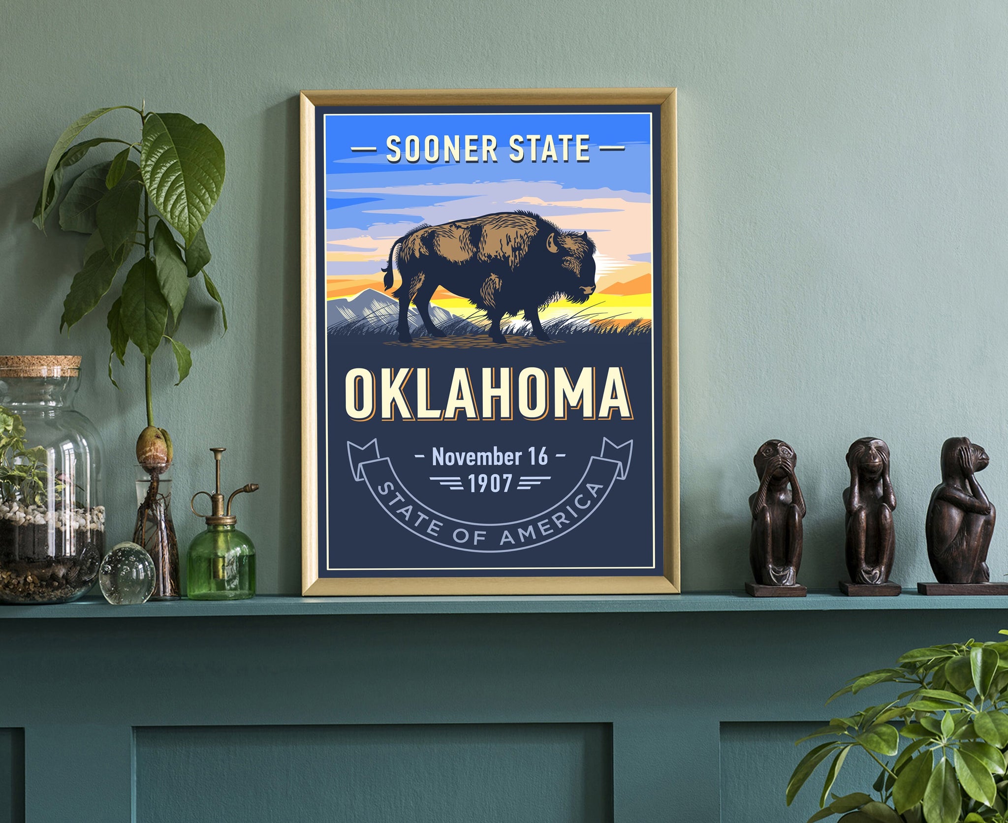 United States Poster, Oklahoma State Poster Print, Oklahoma State Emblem Poster, Retro Travel State Poster, Home Wall Art, Office Wall Art