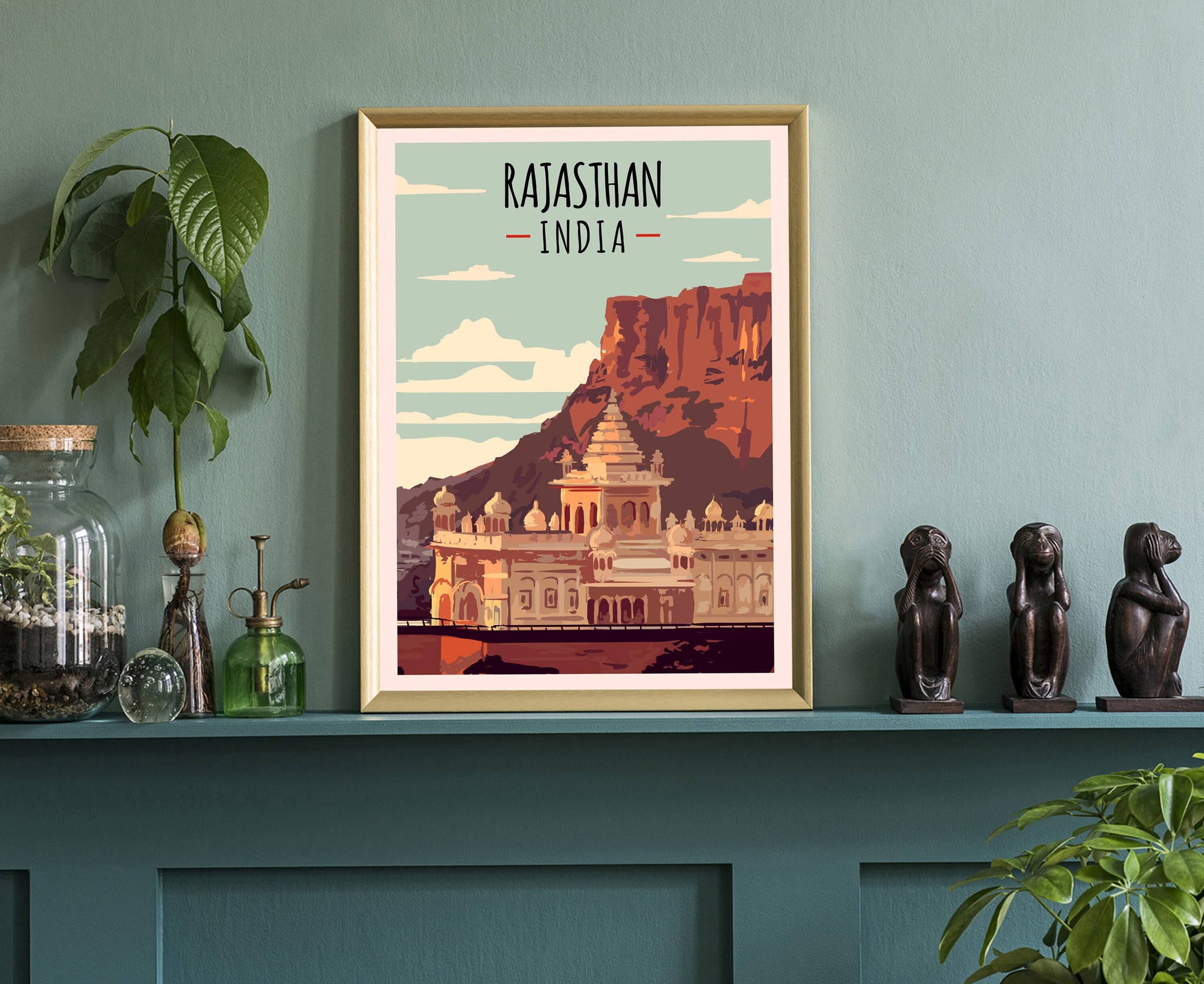 INDIA TRAVEL POSTER, Rajasthan India cityscape and landmark poster wall art, Home wall art, Office wall decorations, India retro posters