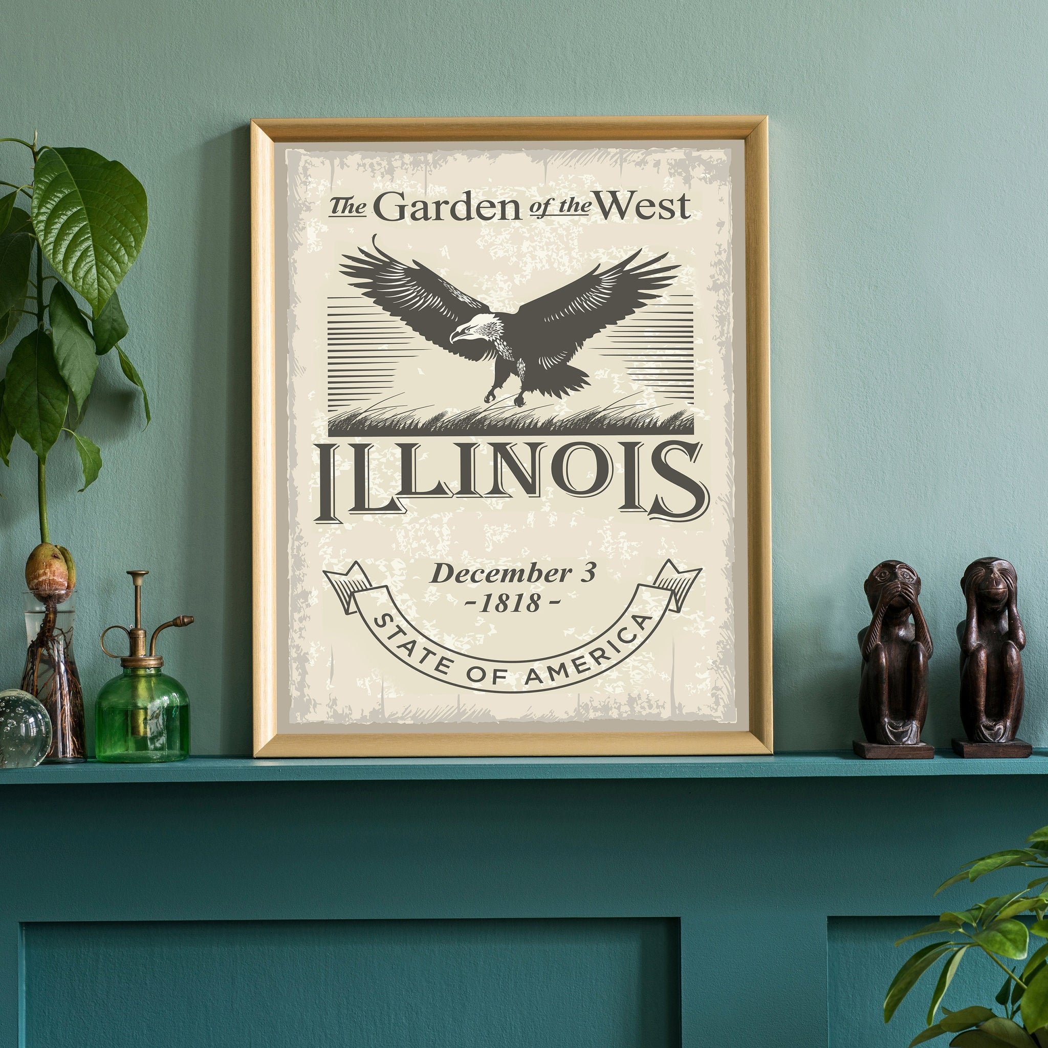 Illinois State Symbol Poster, Illinois State Poster Print, Illinois State Emblem Poster, Retro Travel State Poster, Home and Office Wall Art