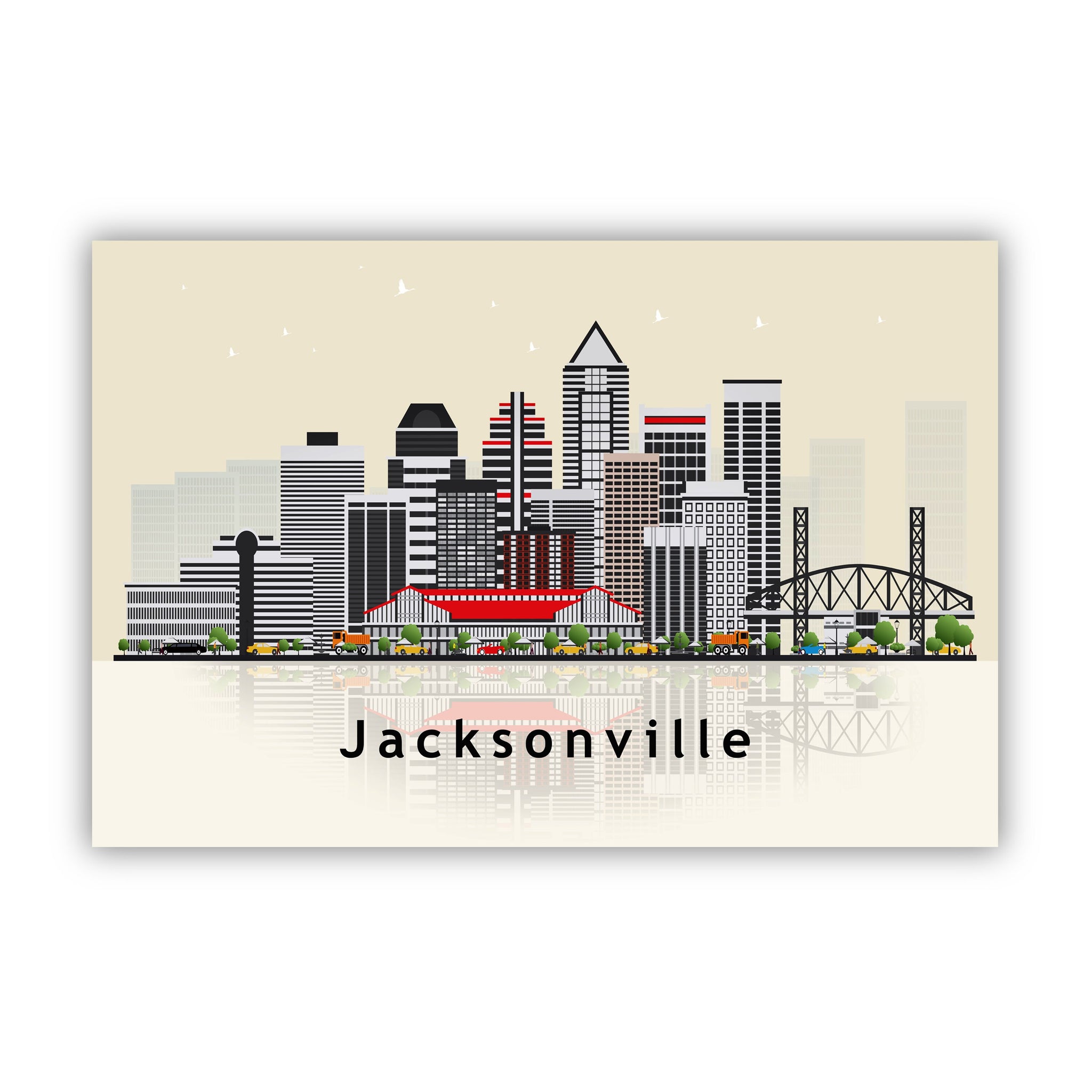 JACKSONVILLE FLORIDA Illustration skyline poster, Florida state modern skyline cityscape poster, Landmark home wall decoration poster