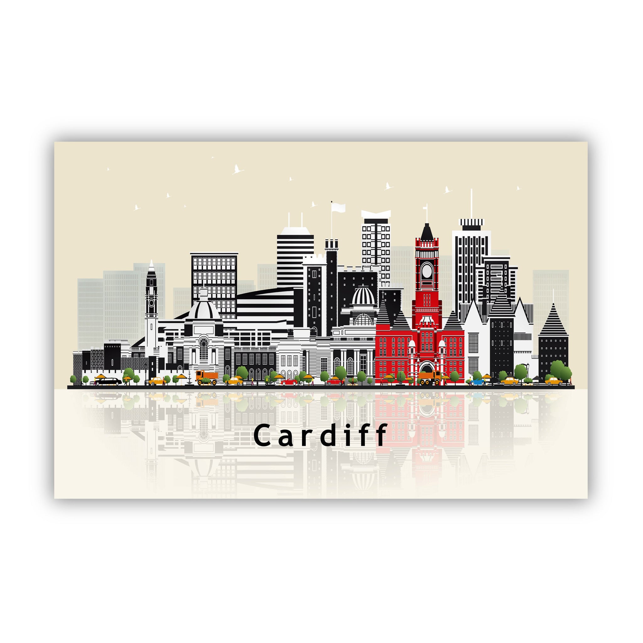 CARDIFF WALES Illustration skyline poster, Cardiff modern skyline cityscape poster print, Wales landmark map poster, Home wall decoration