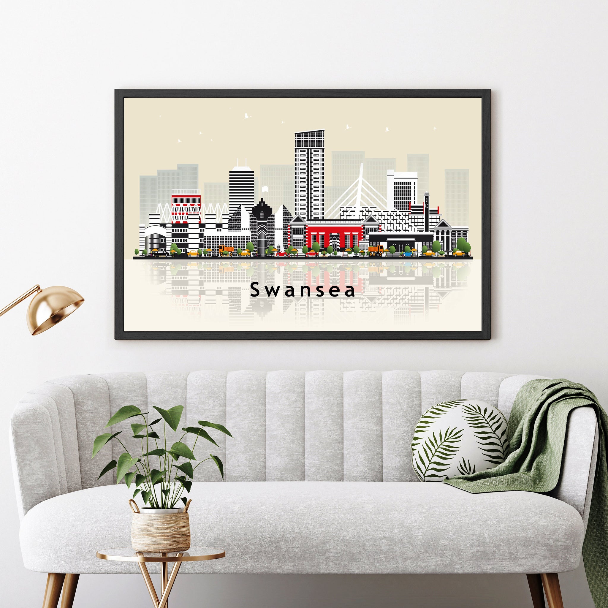 SWANSEA WALES Illustration skyline poster, Modern skyline cityscape poster print, Swansea landmark map poster, Home wall art decoration