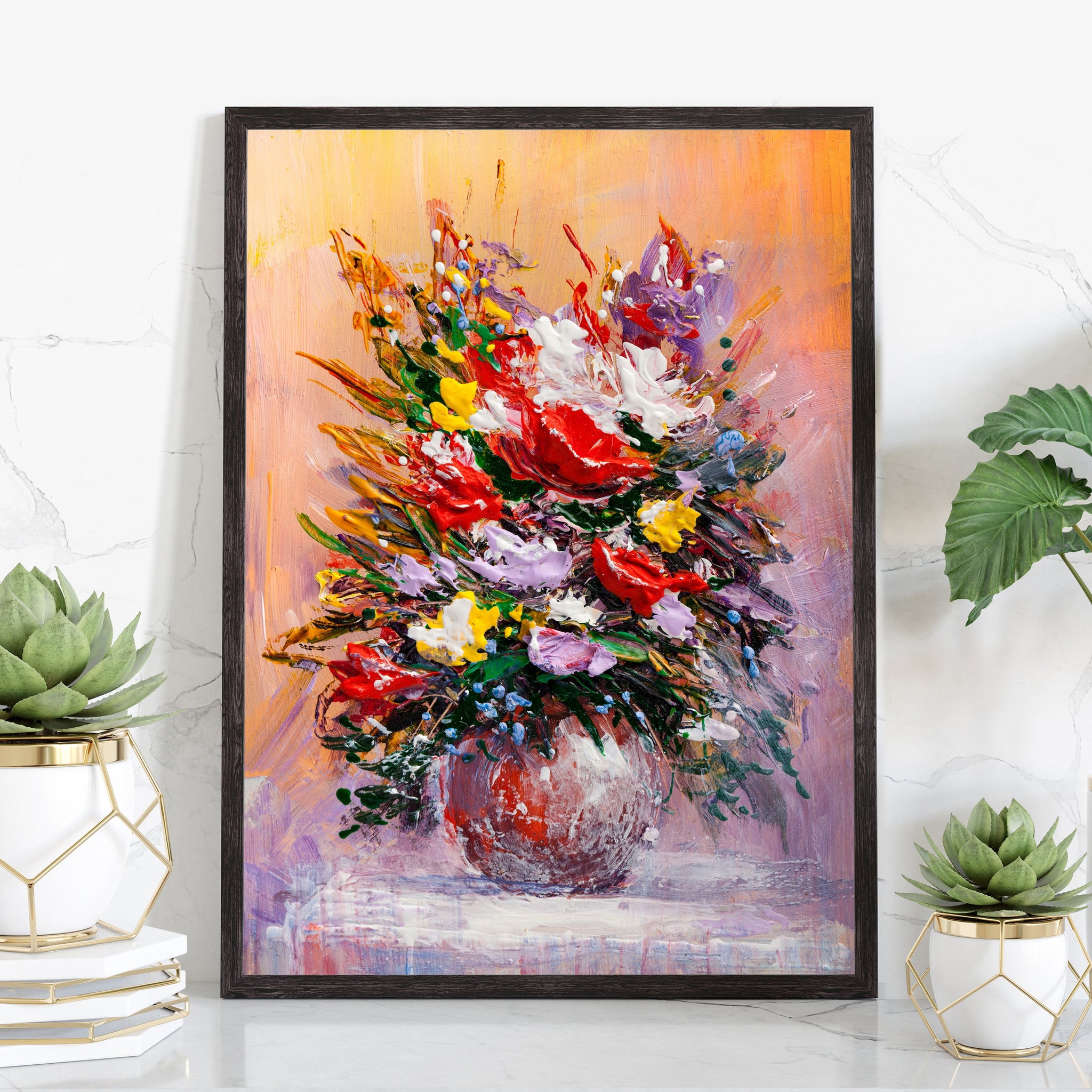 Flowers Oil Painting, Flowers Still Life Poster Prints, Flower Painting Prints , Floral Texture Oil Painting Home Office Wall Art Decoration