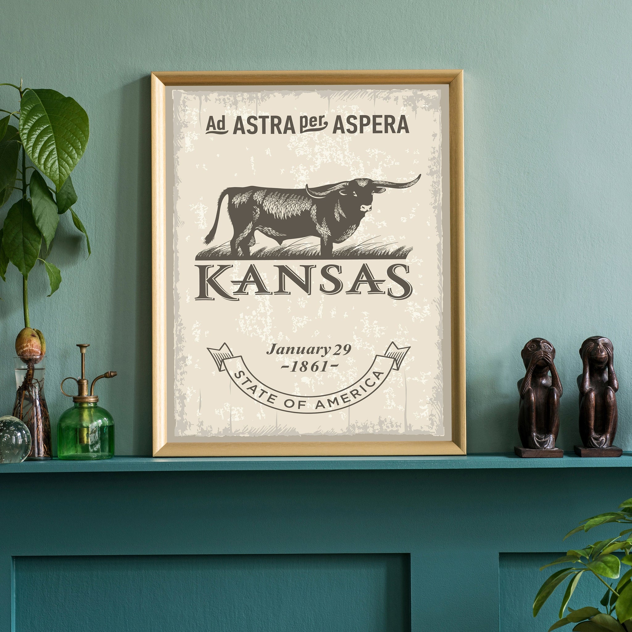 Kansas State Symbol Poster, Kansas State Poster Print, Kansas State Emblem Poster, Retro Travel State Poster, Home and Office Wall Art
