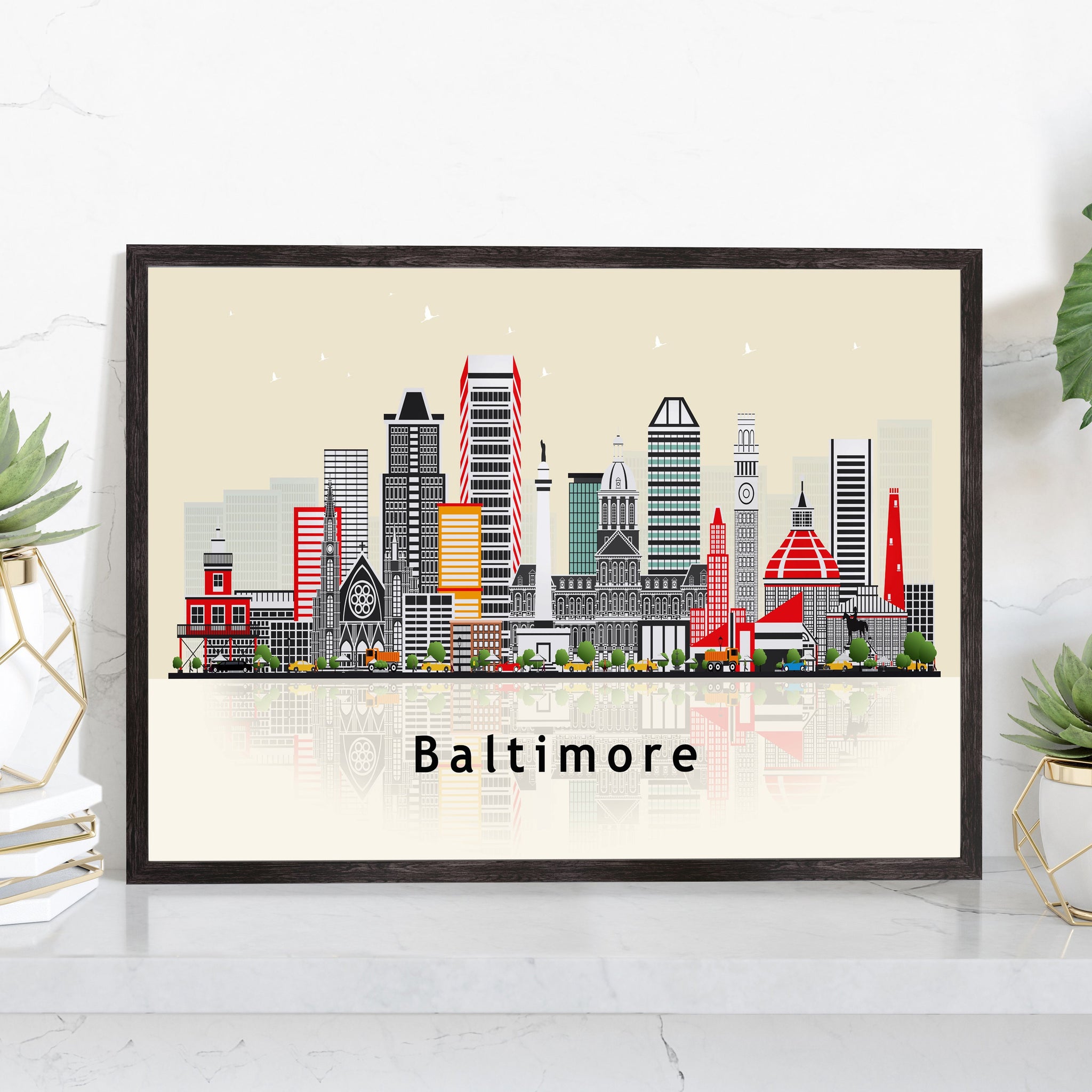 BALTIMORE MARYLAND Illustration skyline poster, Maryland modern skyline cityscape poster, Landmark home wall art print, Office decoration