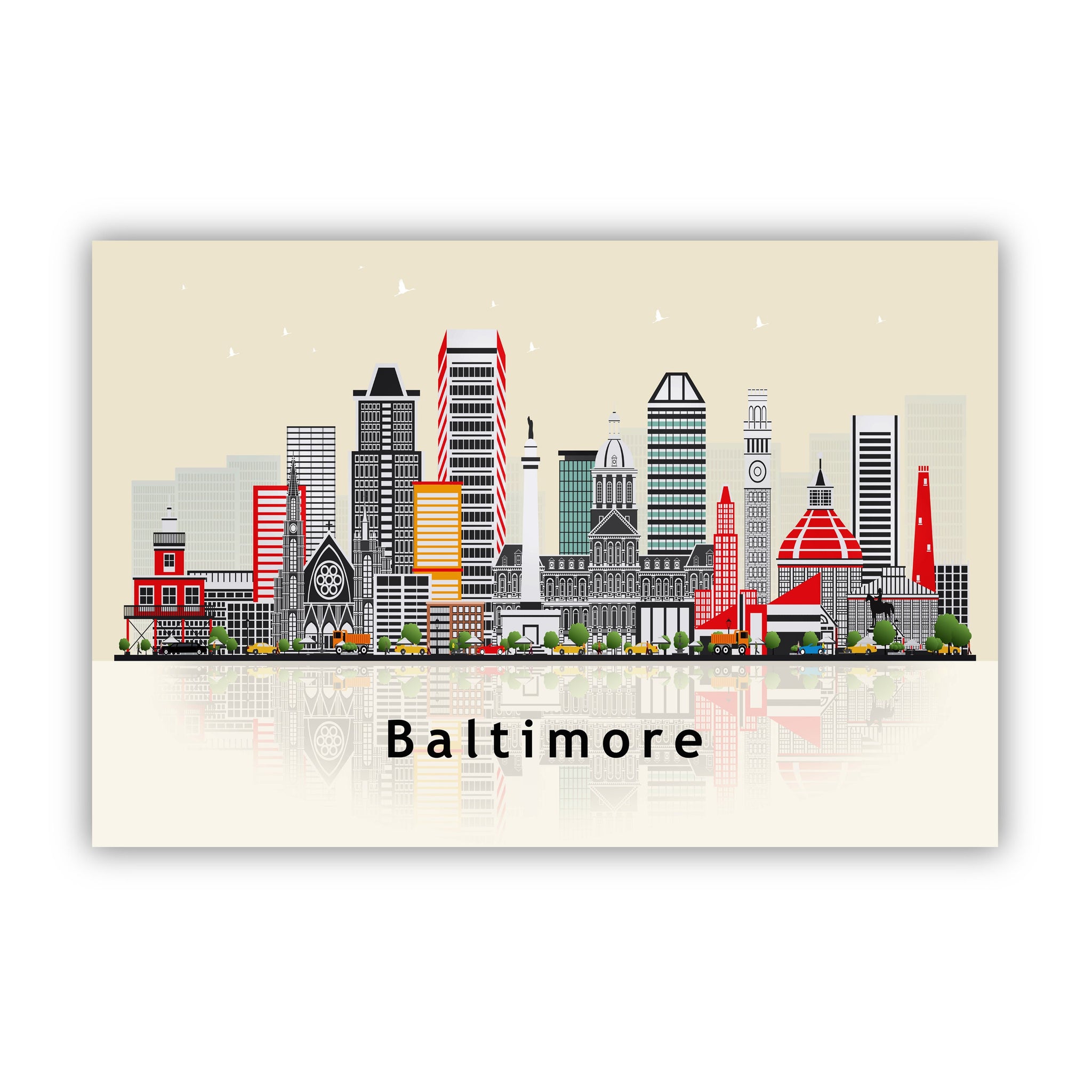 BALTIMORE MARYLAND Illustration skyline poster, Maryland modern skyline cityscape poster, Landmark home wall art print, Office decoration