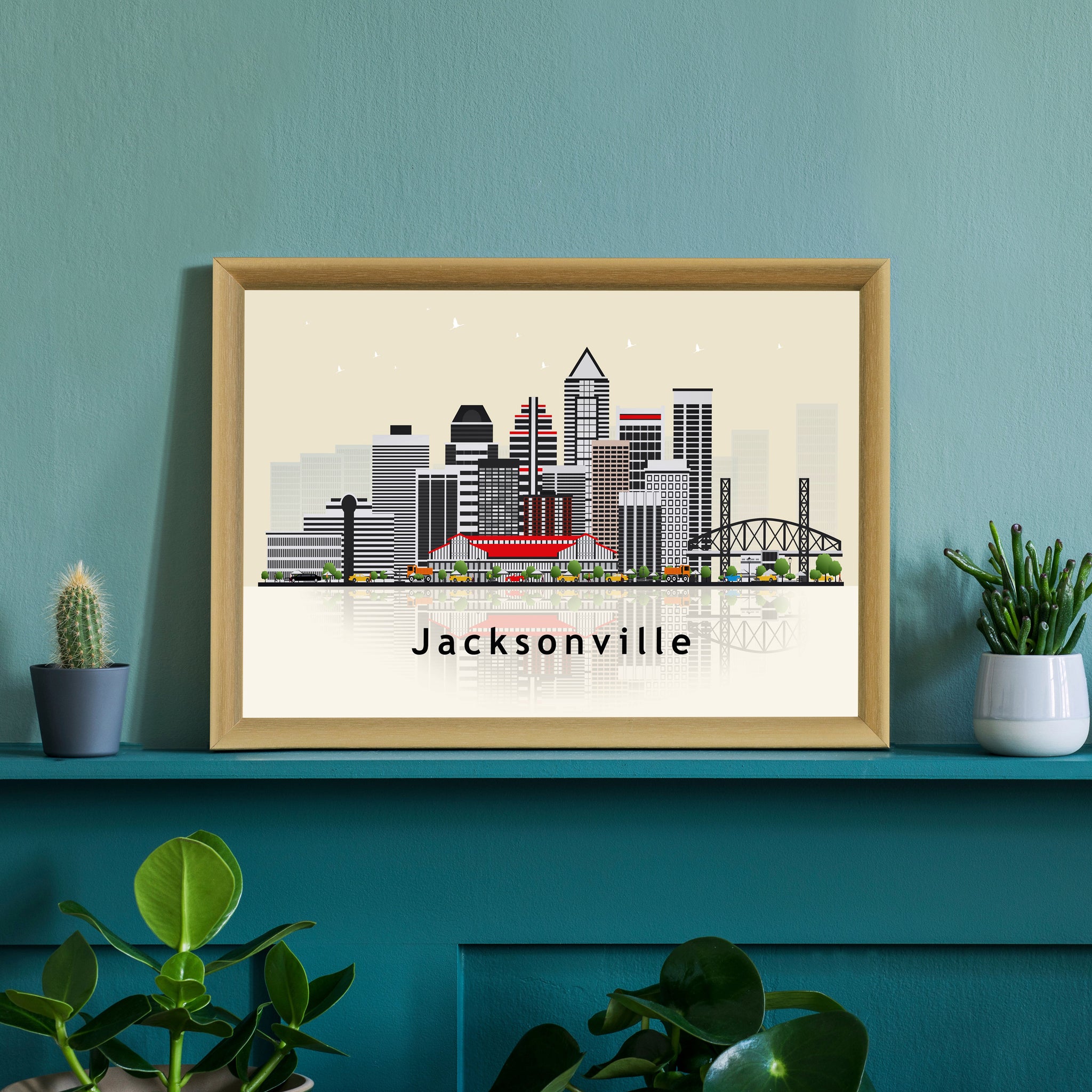 JACKSONVILLE FLORIDA Illustration skyline poster, Florida state modern skyline cityscape poster, Landmark home wall decoration poster