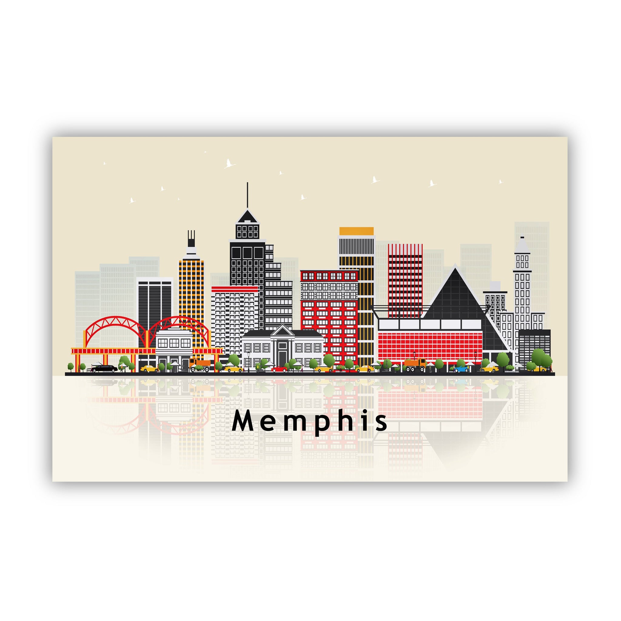 MEMPHIS TENNESSEE Illustration skyline poster, Memphis state modern skyline cityscape poster print, Landmark home wall art decoration poster