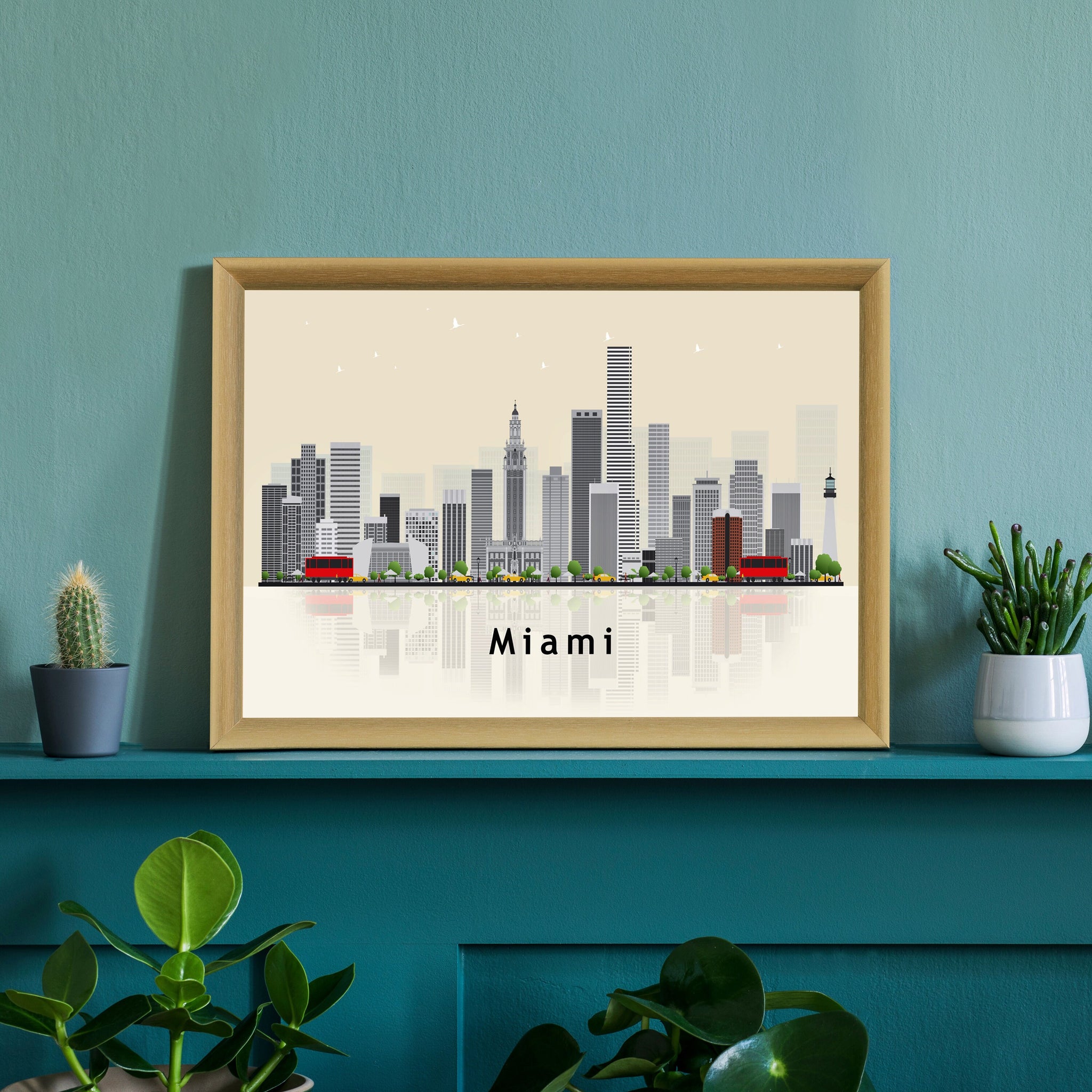 MIAMI FLORIDA Illustration skyline poster, Florida state modern skyline cityscape poster print, Landmark home wall art decoration poster