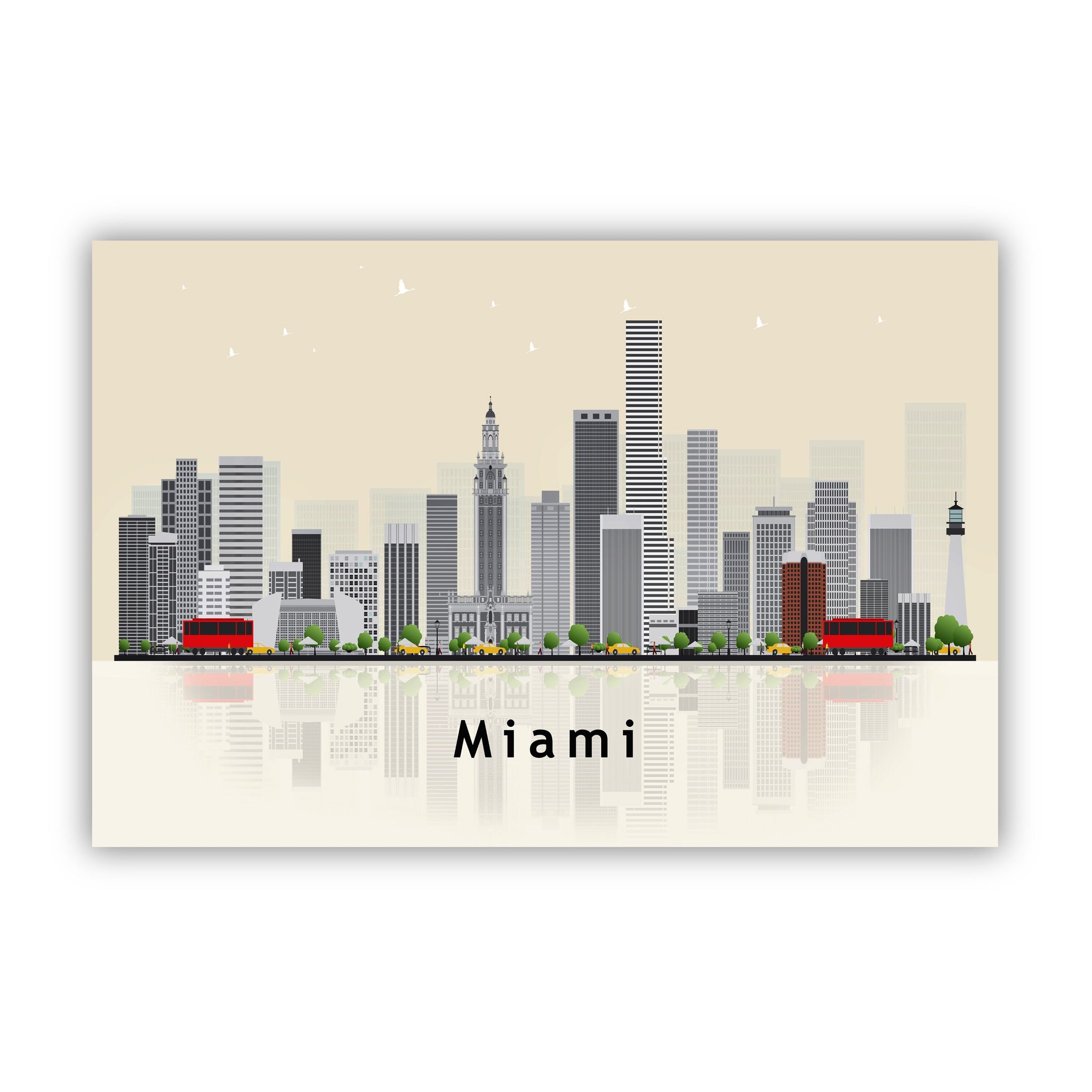 MIAMI FLORIDA Illustration skyline poster, Florida state modern skyline cityscape poster print, Landmark home wall art decoration poster