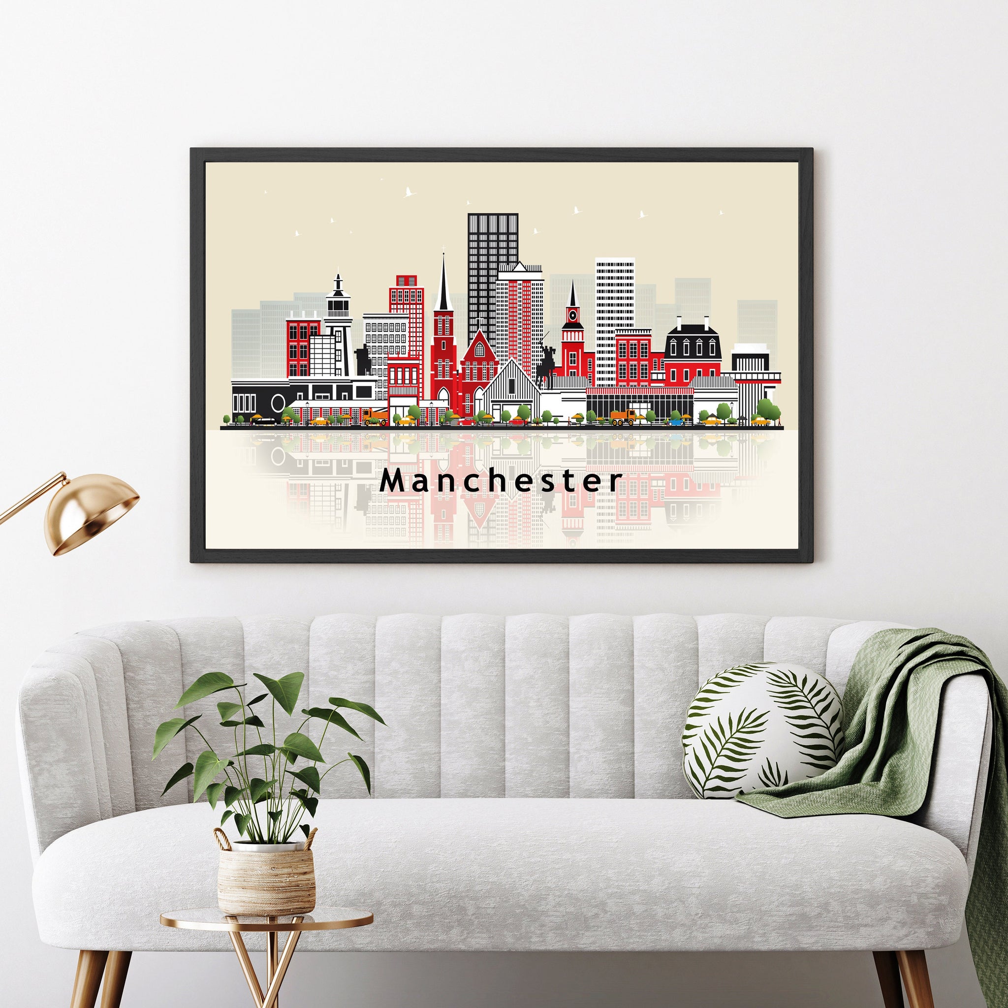 MANCHESTER ENGLAND Illustration skyline poster, Modern skyline cityscape poster print, England landmark map poster, Home wall art decoration