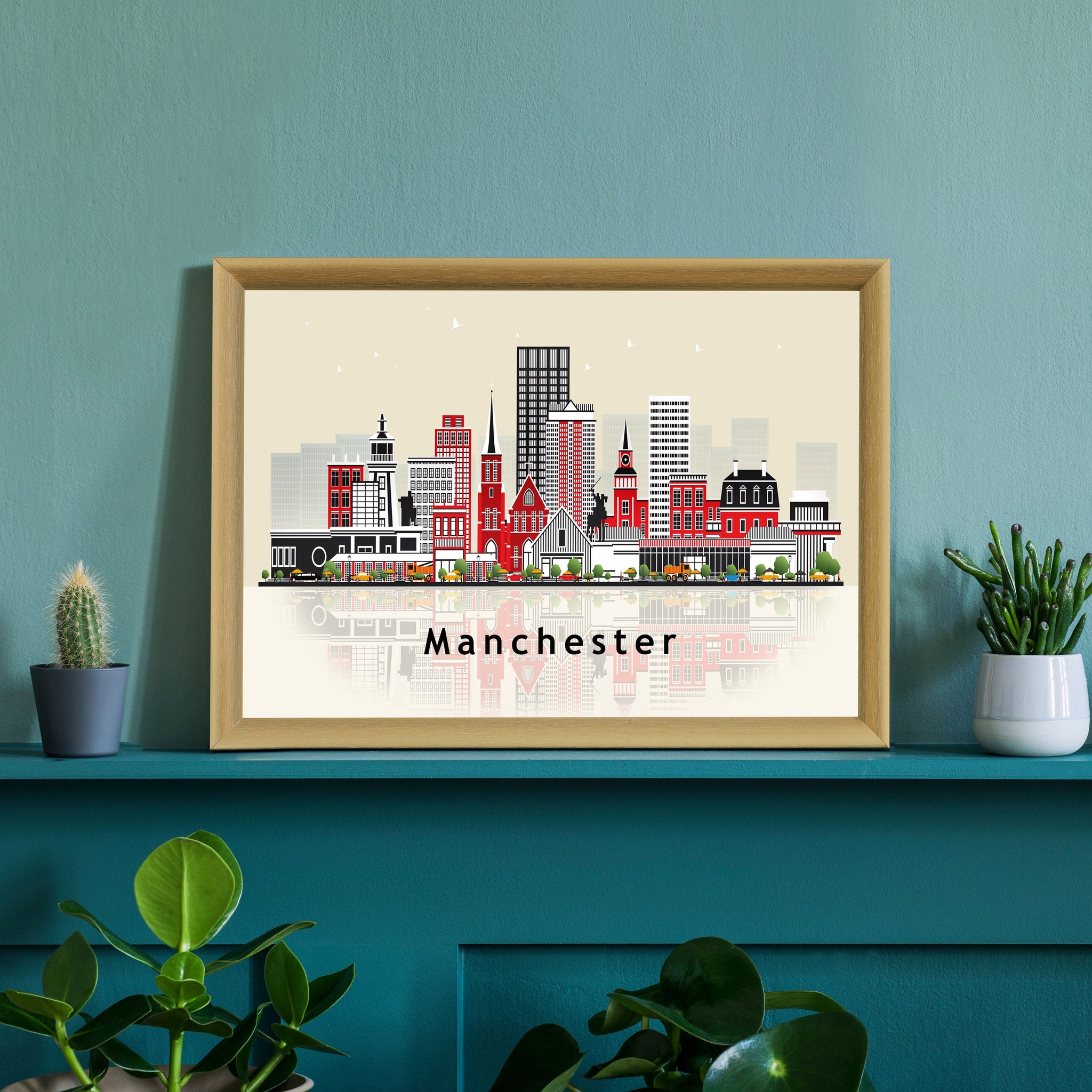 MANCHESTER ENGLAND Illustration skyline poster, Modern skyline cityscape poster print, England landmark map poster, Home wall art decoration