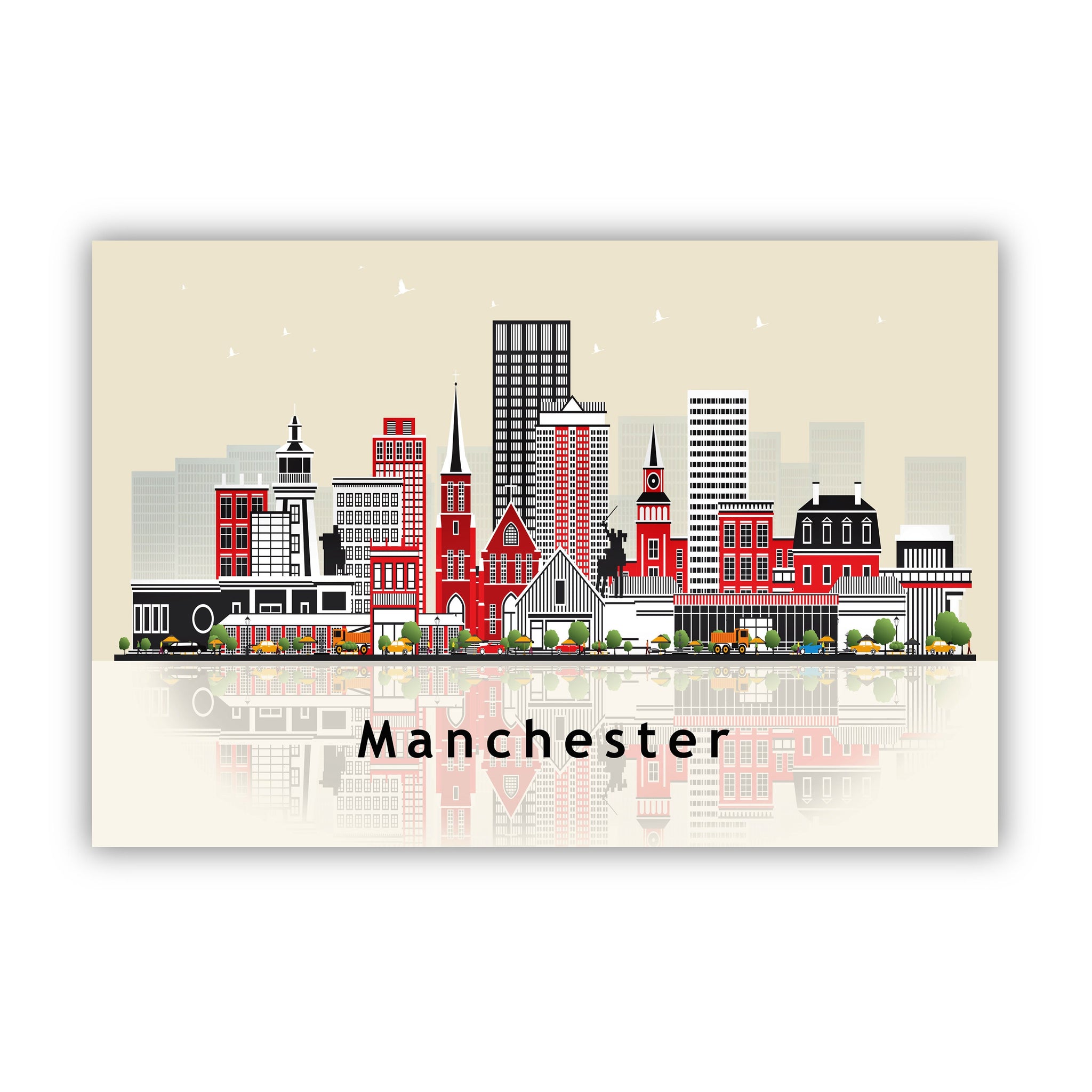 MANCHESTER ENGLAND Illustration skyline poster, Modern skyline cityscape poster print, England landmark map poster, Home wall art decoration