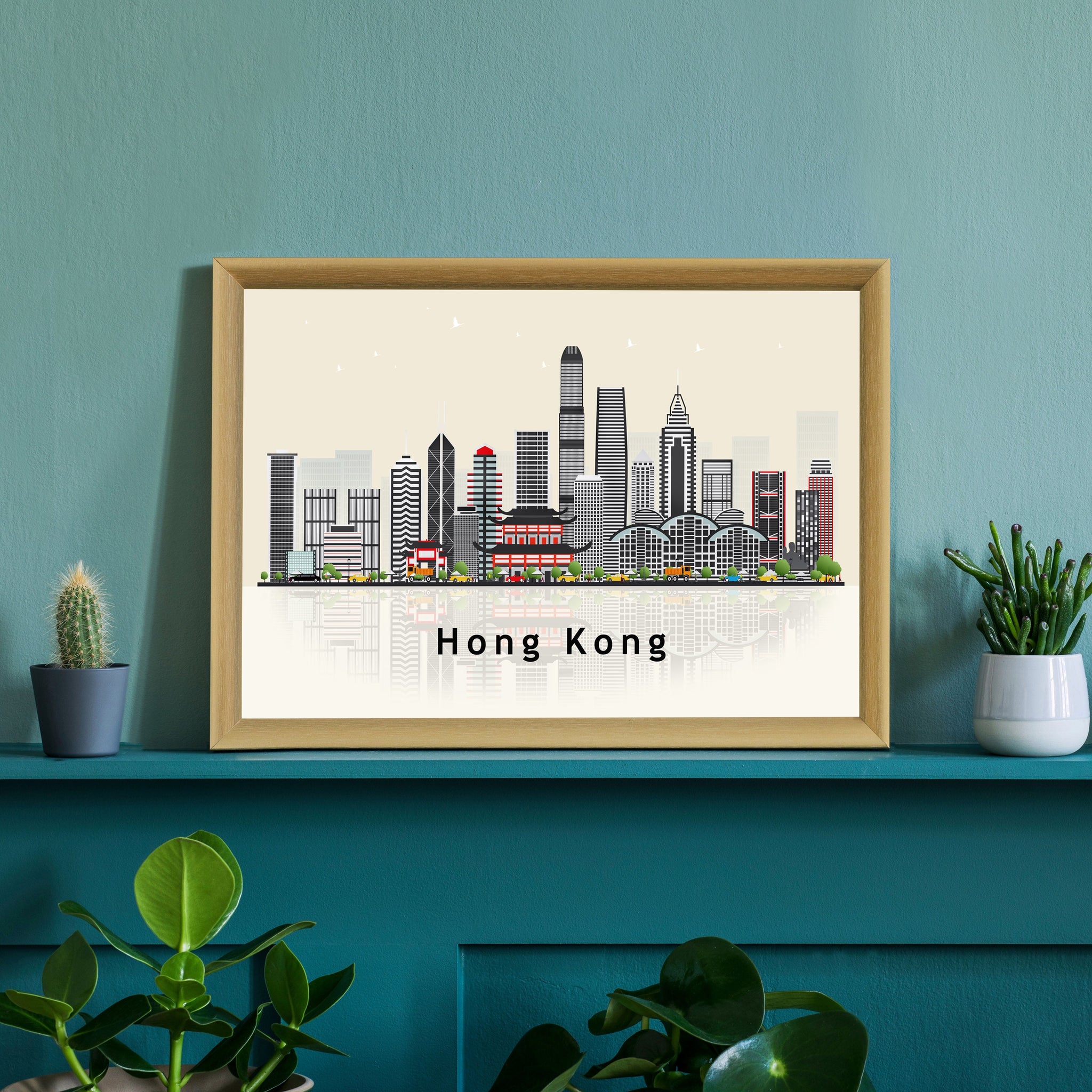 HONG KONG Illustration skyline poster, Modern skyline cityscape poster, Hong Kong skyline landmark map poster, Home wall decoration