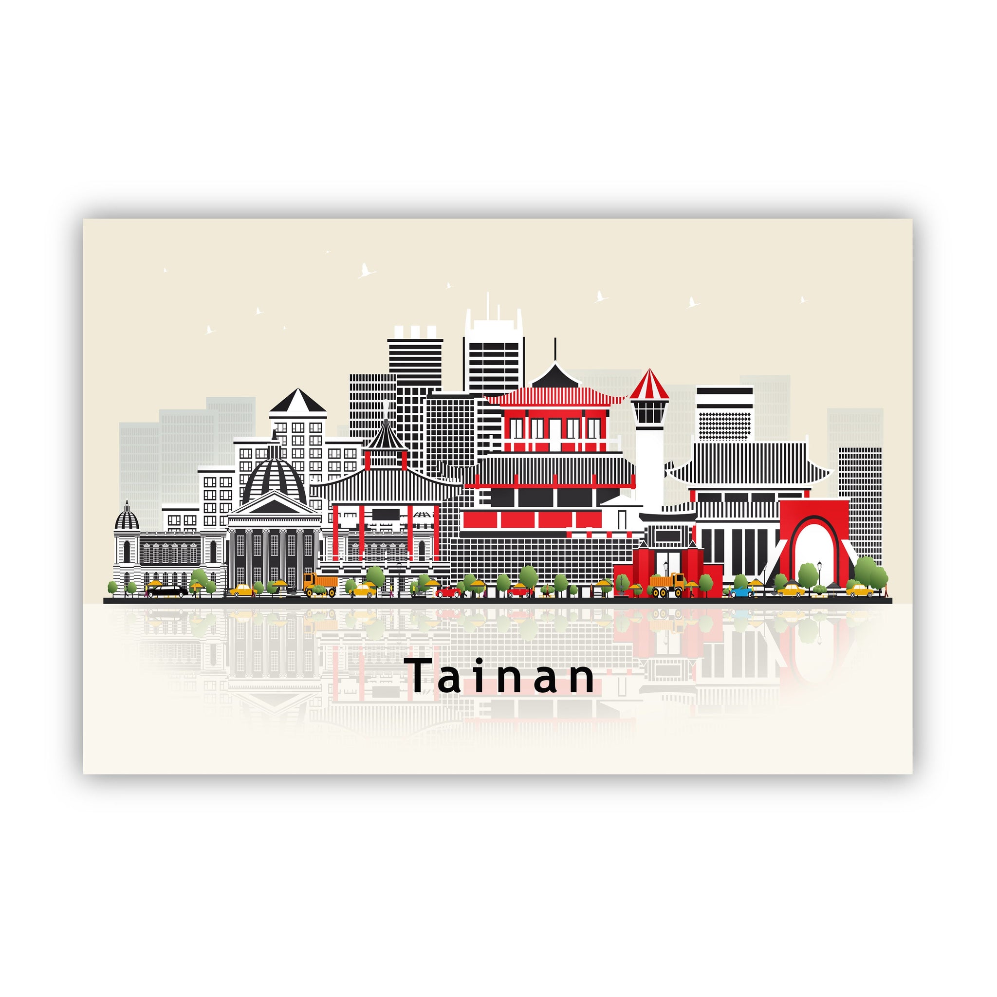 TAINAN TAIWAN Illustration skyline poster, Modern skyline cityscape poster, Tainan city skyline landmark map poster, Home wall decorations