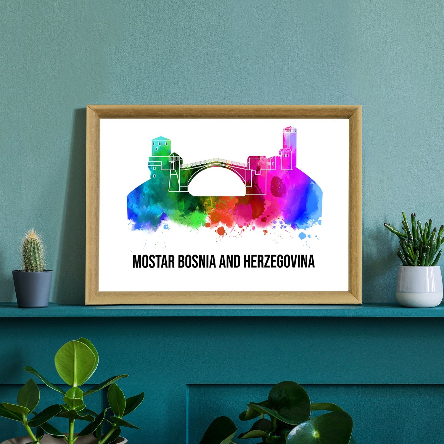 Pera Print Mostar Bosna and Herzegovina skyline posters, Mostar poster, Illustration skyline world city poster, Cityscape landmark print