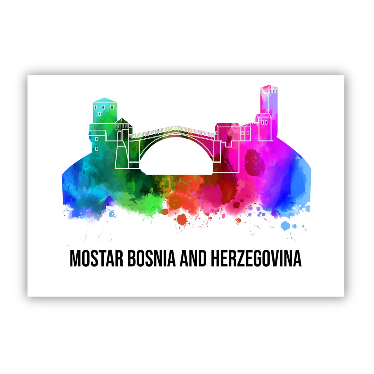 Pera Print Mostar Bosna and Herzegovina skyline posters, Mostar poster, Illustration skyline world city poster, Cityscape landmark print