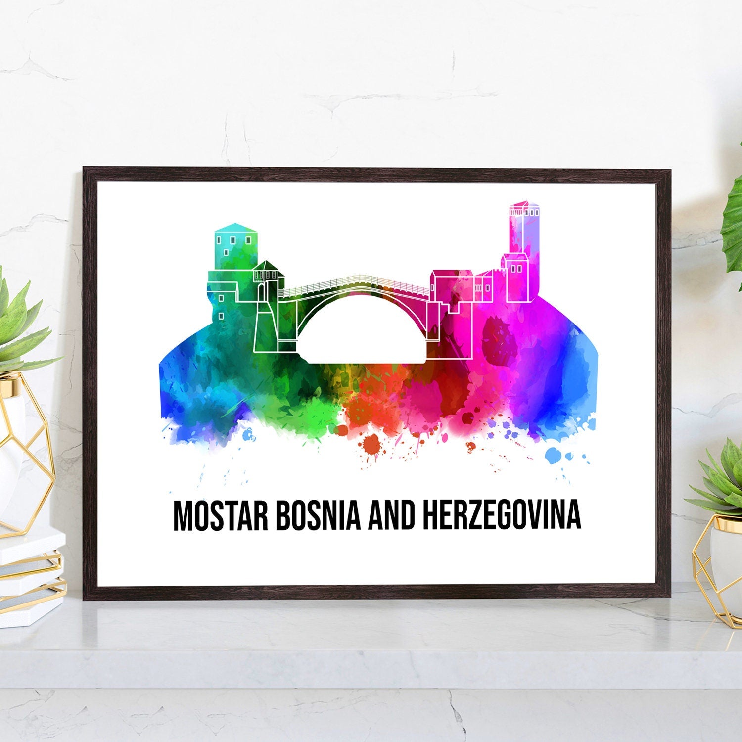 Pera Print Mostar Bosna and Herzegovina skyline posters, Mostar poster, Illustration skyline world city poster, Cityscape landmark print