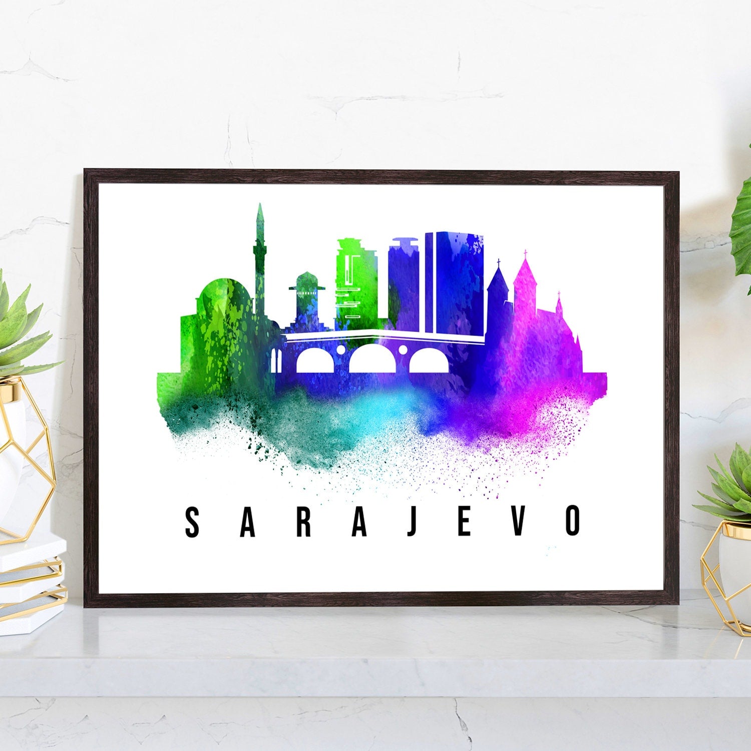Pera Print Sarajevo Bosna and Herzegovina skyline posters, Sarajevo poster, Illustration skyline world city poster, Cityscape landmark print