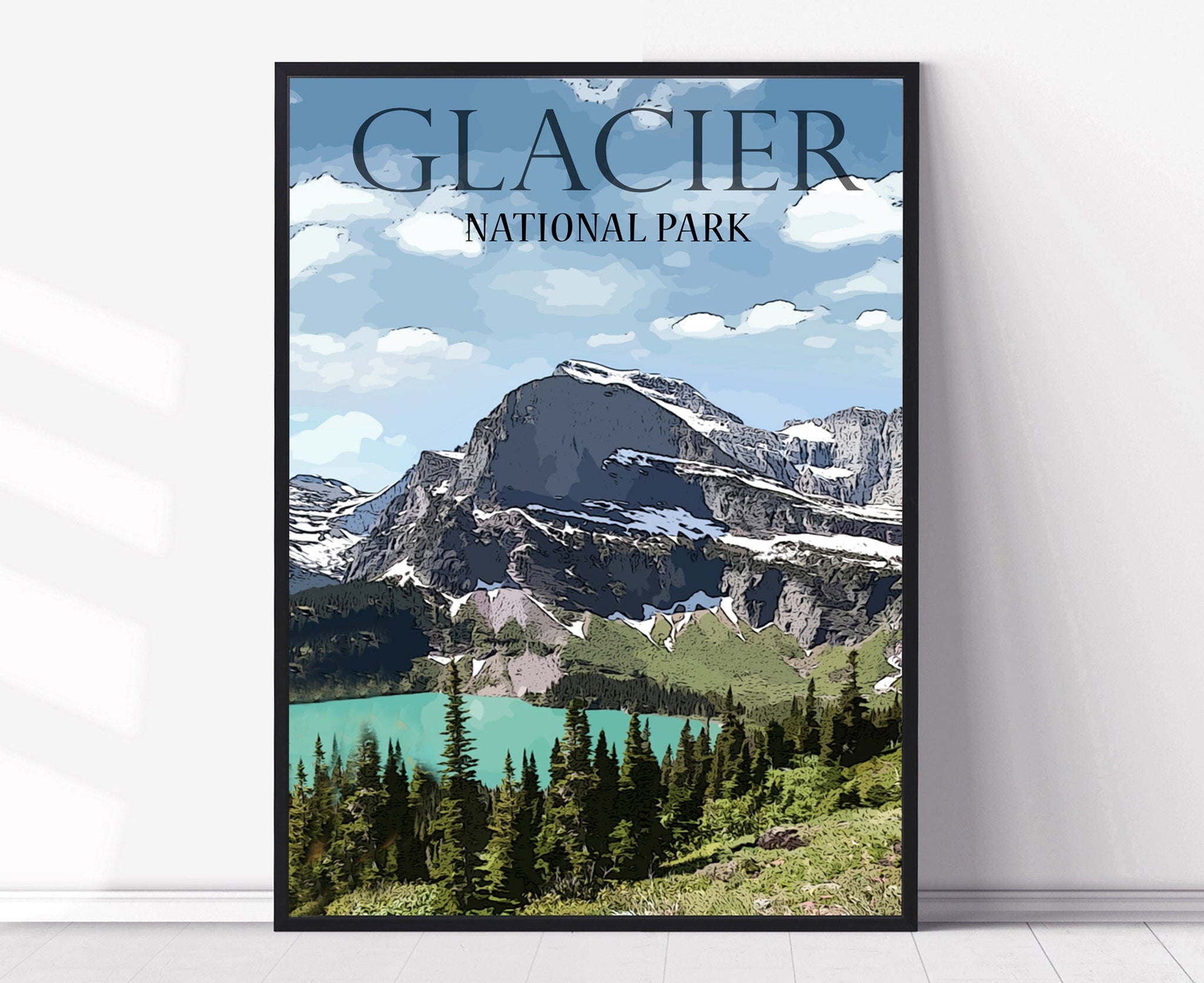 Vintage Glacier National Park Travel Poster, Glacier National Park Print, Mountain Scene, Retro Montana Travel Poster, Retro Travel Poster,