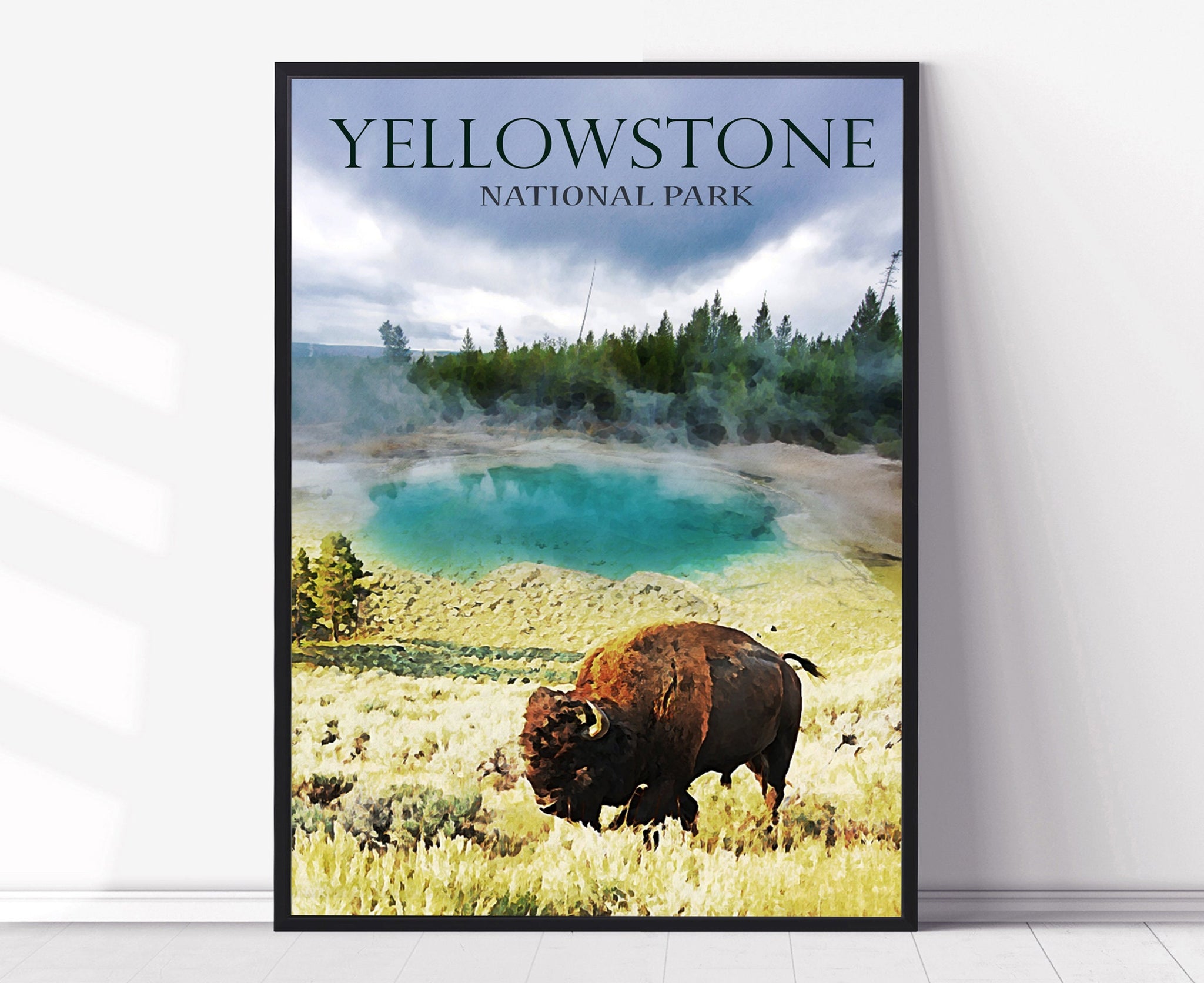 Vintage Yellow Stone National Park Travel Poster, Yellow Stone National Park Print,  Wyoming Retro Travel Poster, Retro Travel Poster, Bison