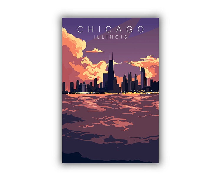 Retro Style Travel Poster, Chicago Vintage Rustic Poster Print, Home Wall Art, Office Wall Decor, Poster Print, Chicago, State Map Poster