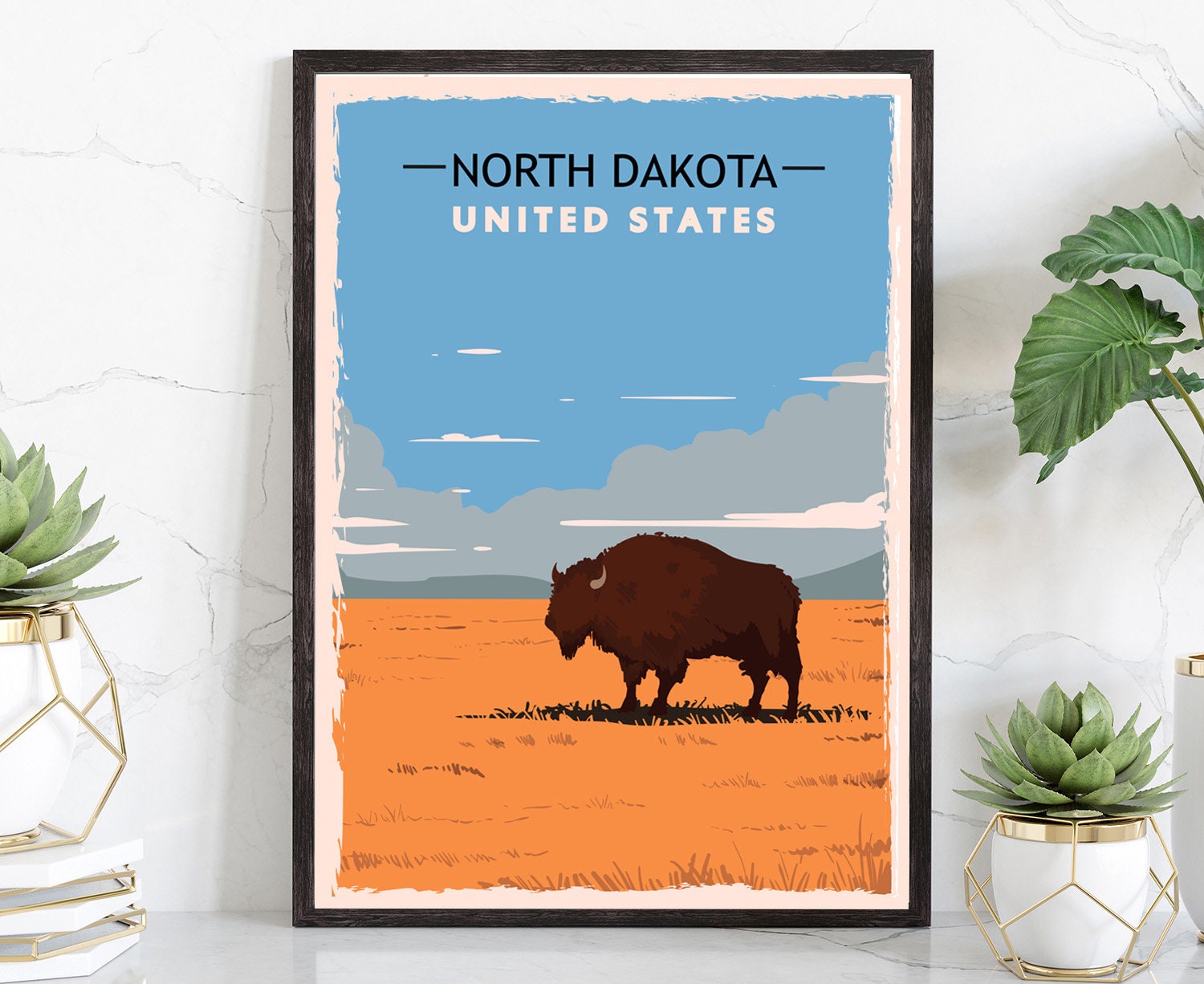 Retro Style Travel Poster, North Dakota Vintage Rustic Poster Print, Home Wall Art, Office Wall Decor, North Dakota, State Map Poster
