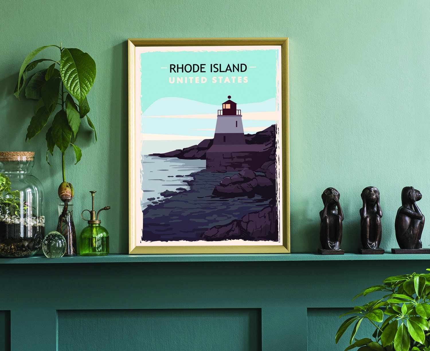 Retro Style Travel Poster, Rhode Island Vintage Rustic Poster Print, Home Wall Art, Office Wall Decor, Rhode Island, State Map Poster