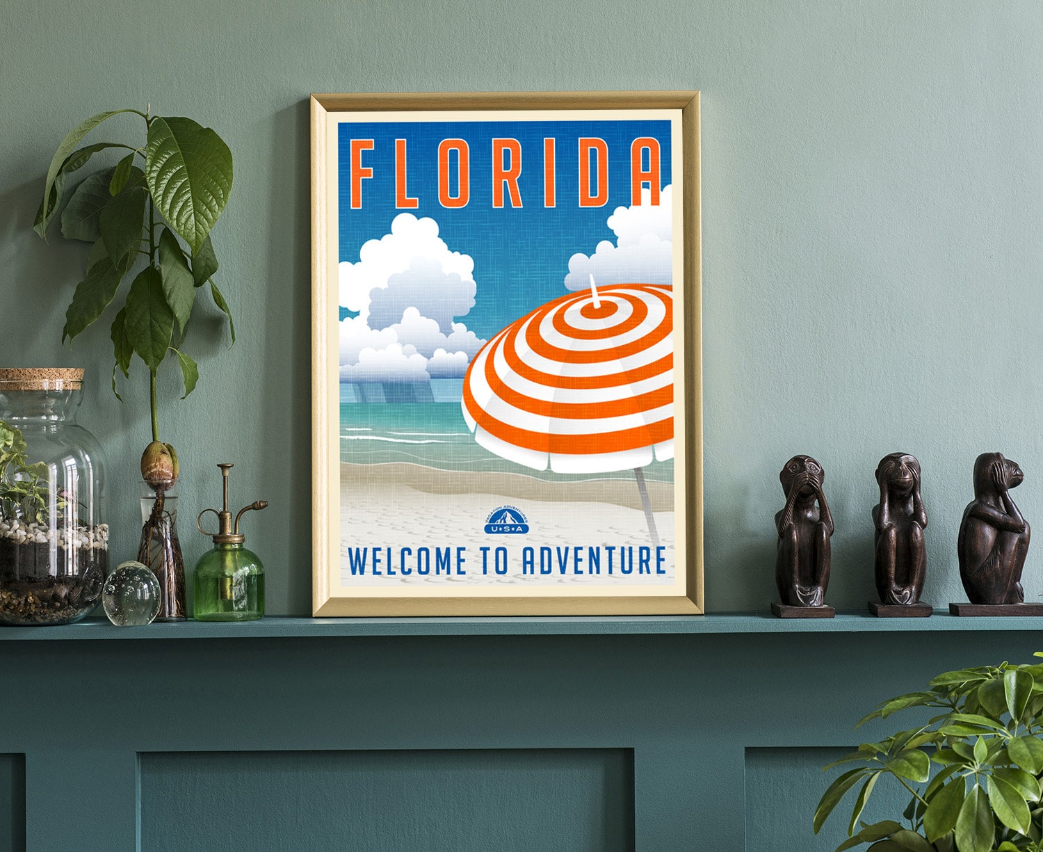 FLORIDA retro style travel poster, Florida vintage rustic poster print, Home wall art, Office wall decorations, Florida state map posters