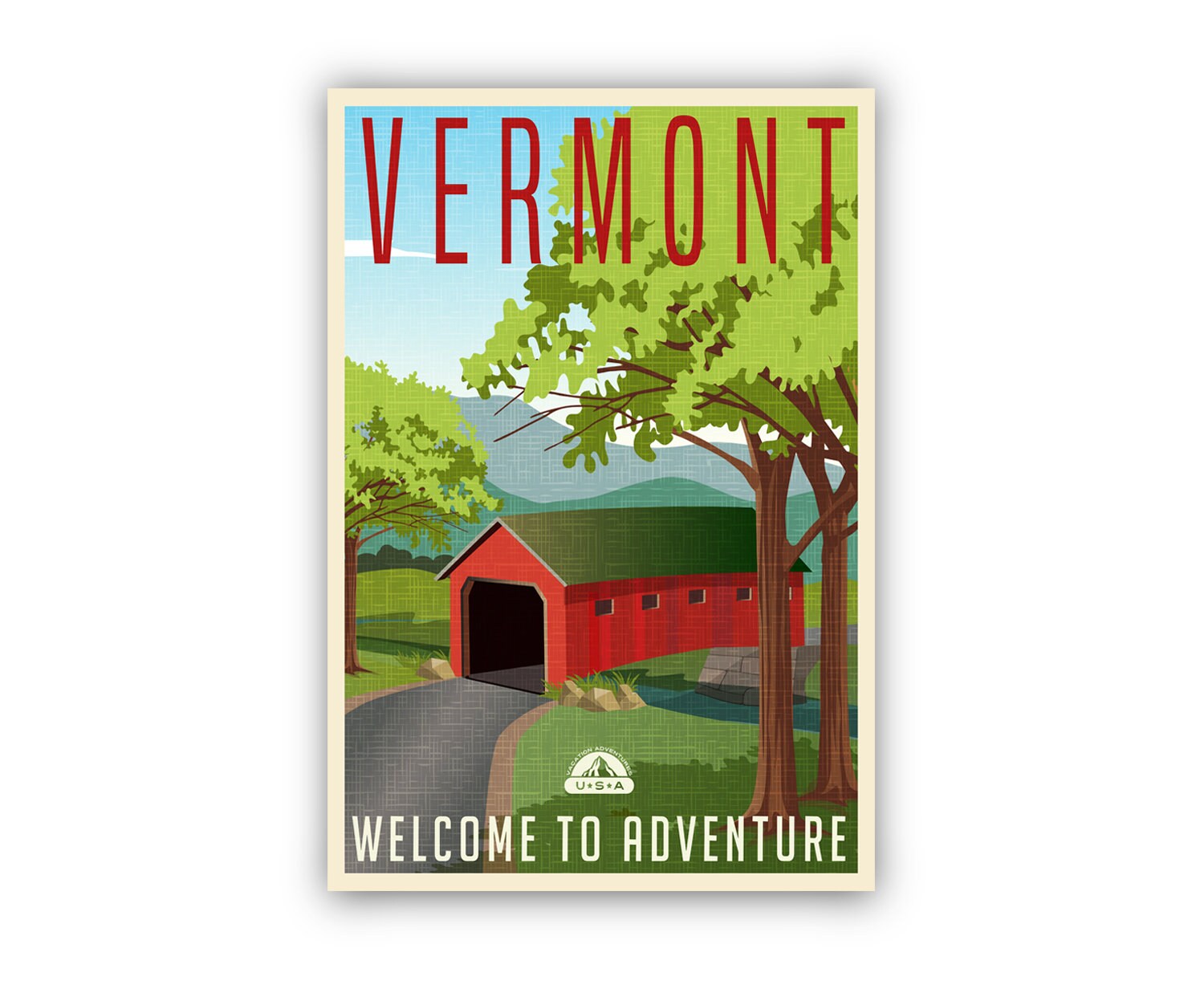 Vermont Vintage Rustic Poster Print, Retro Style Travel Poster