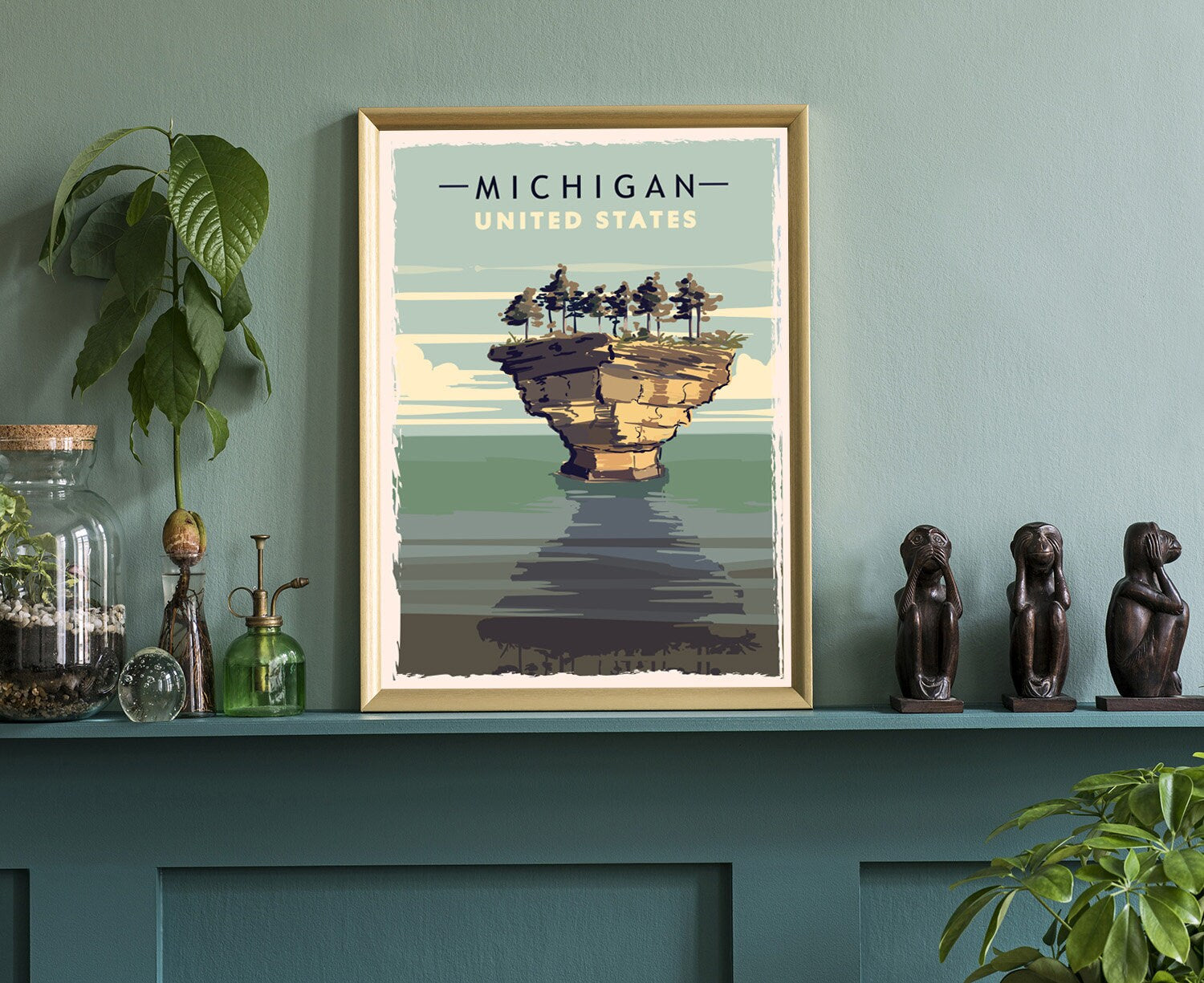 Retro Style Travel Poster, Michigan Vintage Rustic Poster Print, Home Wall Art, Office Wall Decor, Posters, Michigan, State Map Poster