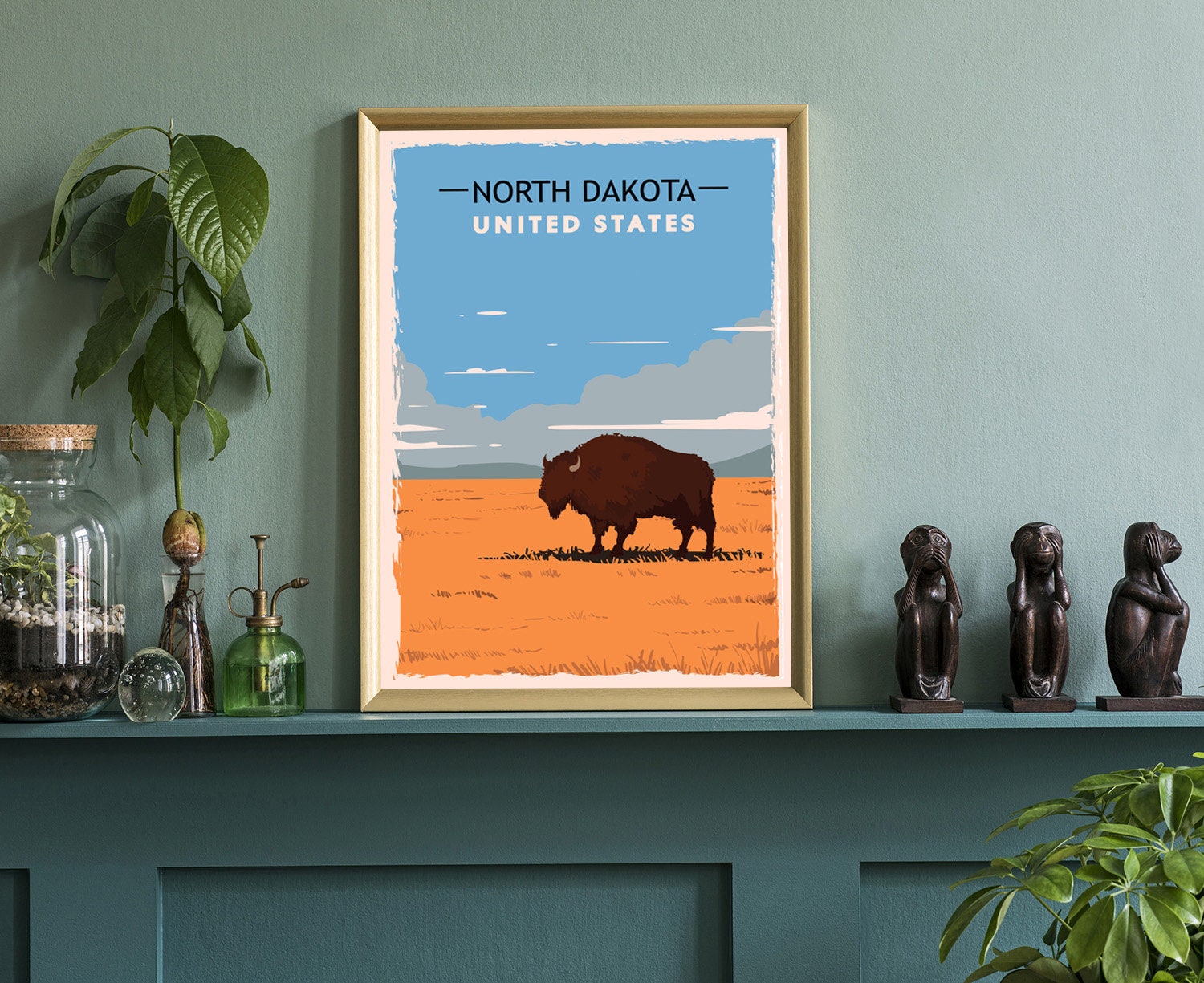 Retro Style Travel Poster, North Dakota Vintage Rustic Poster Print, Home Wall Art, Office Wall Decor, North Dakota, State Map Poster