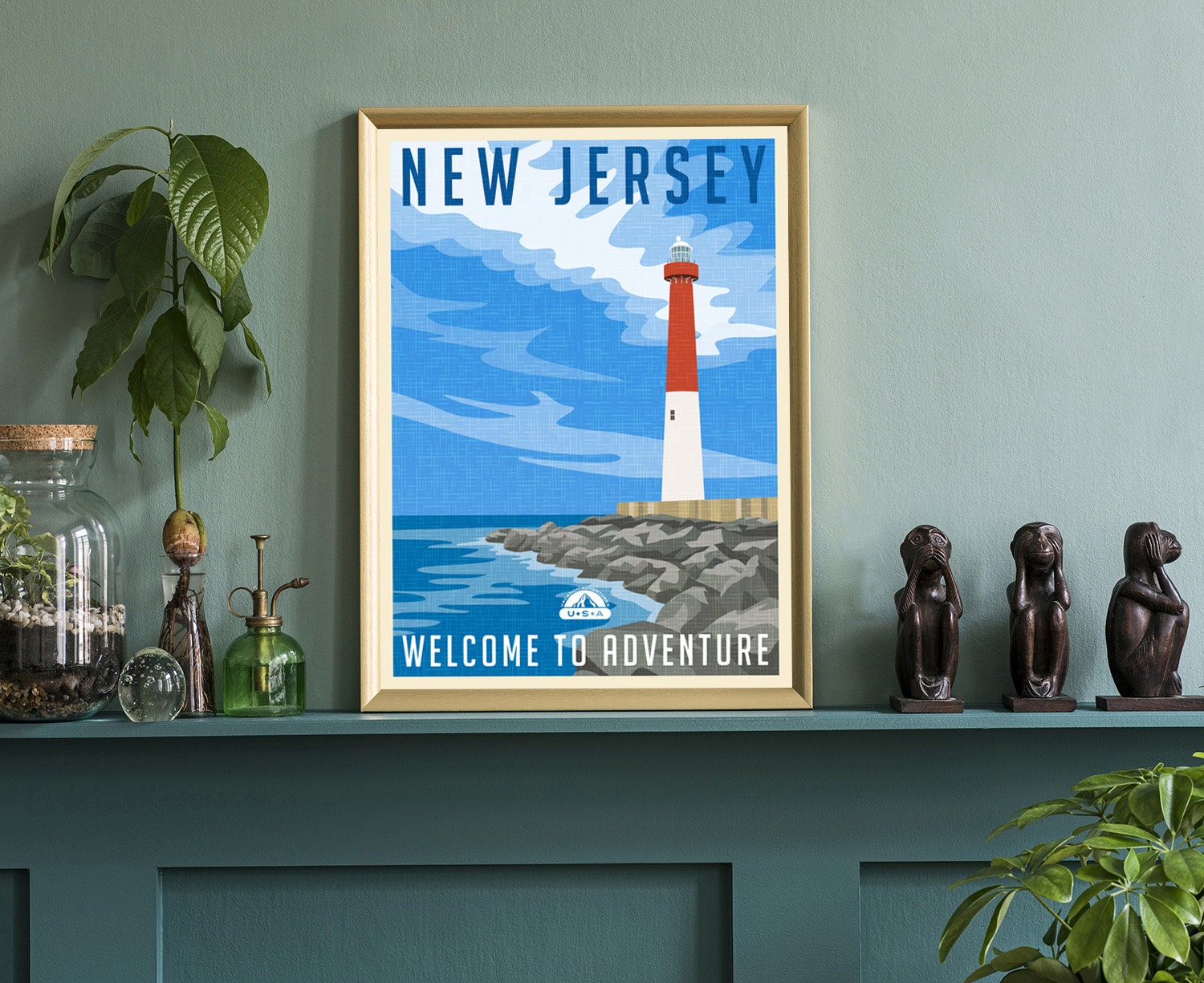 Retro Style Travel Poster, New Jersey Vintage Rustic Poster Print, Home Wall Art, Office Wall Decor, Posters, New Jersey, State Map Poster