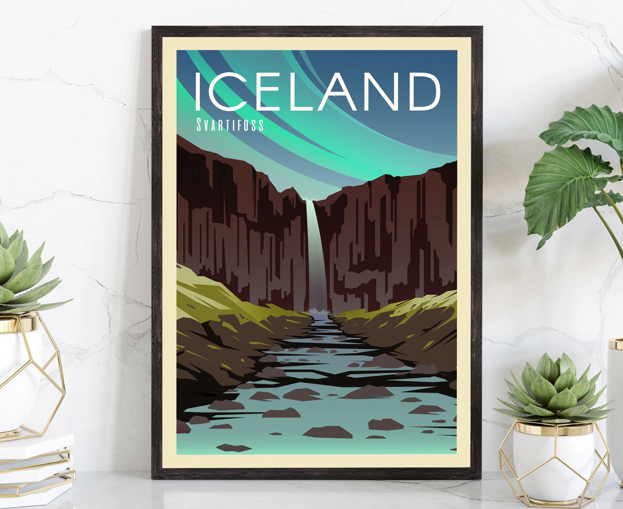 Retro Style Travel Poster, Iceland Vintage Rustic Poster Print, Home Wall arts, National Parks, Black Waterfall Svartifoss, Country Poster
