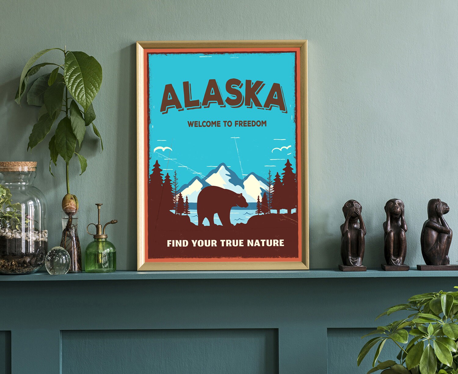 Retro Style Travel Poster, Alaska Vintage Rustic Poster Print, Home Wall Art, Office Wall Decor, Posters, Alaska, State Map Poster Printing