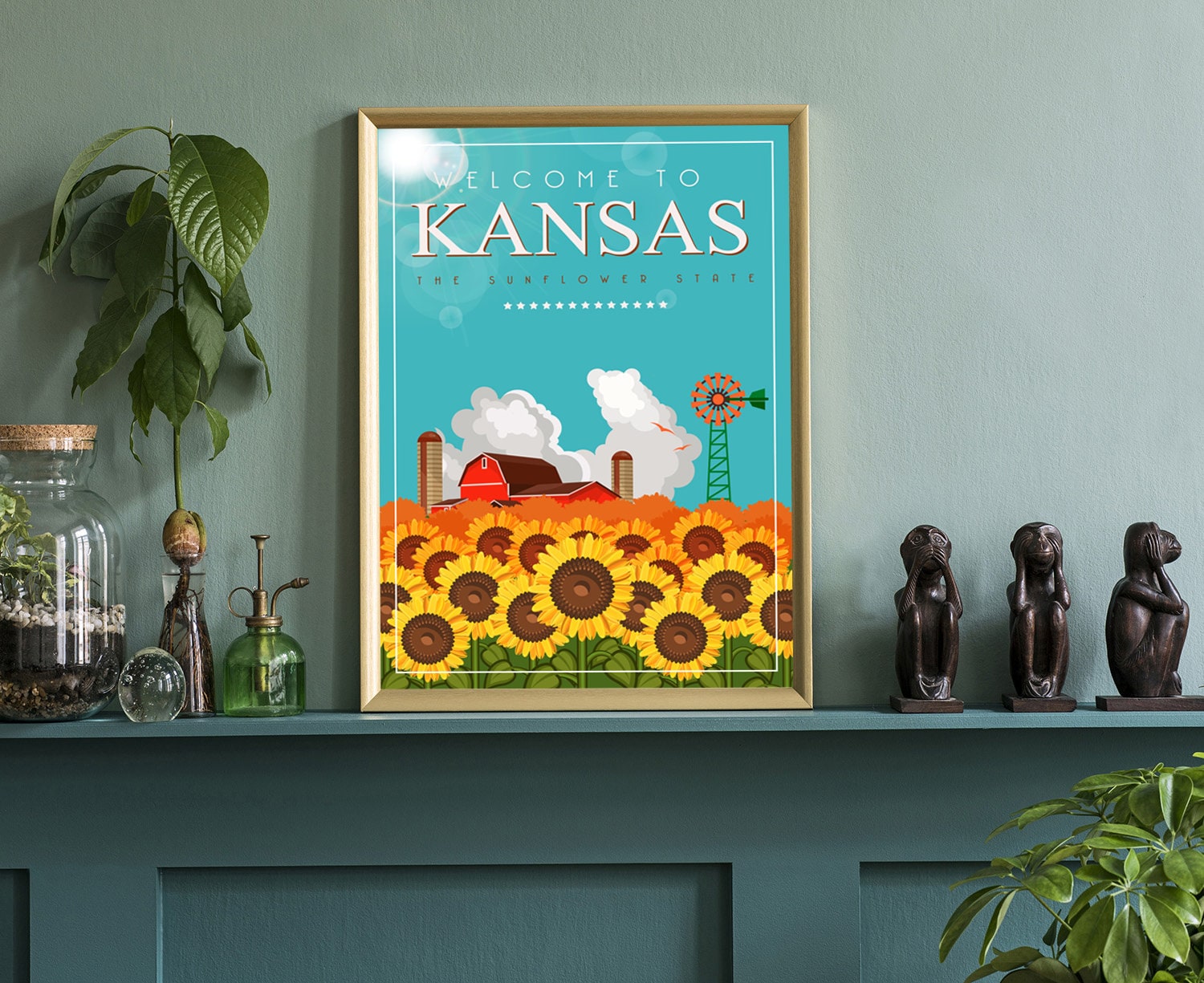 Retro Style Travel Poster, Kansas Vintage Rustic Poster Print, Home Wall Art, Office Wall Decor, Posters, Kansas, State Map Poster Printing