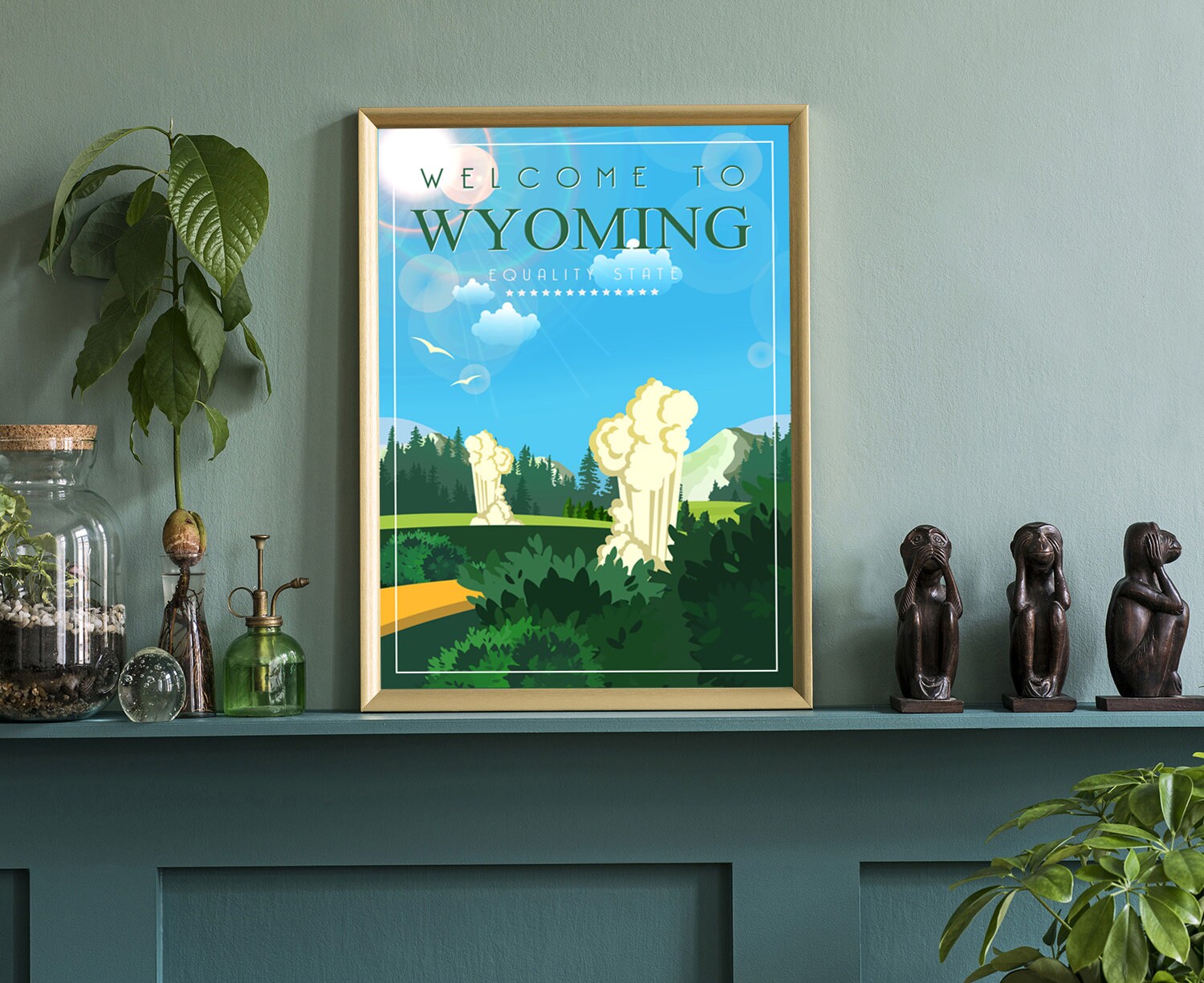 Retro Style Travel Poster, Wyoming Vintage Rustic Poster Print, Home Wall Art, Office Wall Decors, Posters, Wyoming, State Map Poster