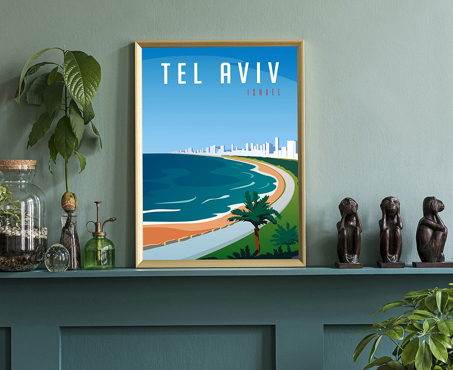 Retro Style Travel Poster, Israel - Tel Aviv,  Vintage Rustic Poster Print, Home Wall Art, Office Wall Decors, Israel, State Map Posters