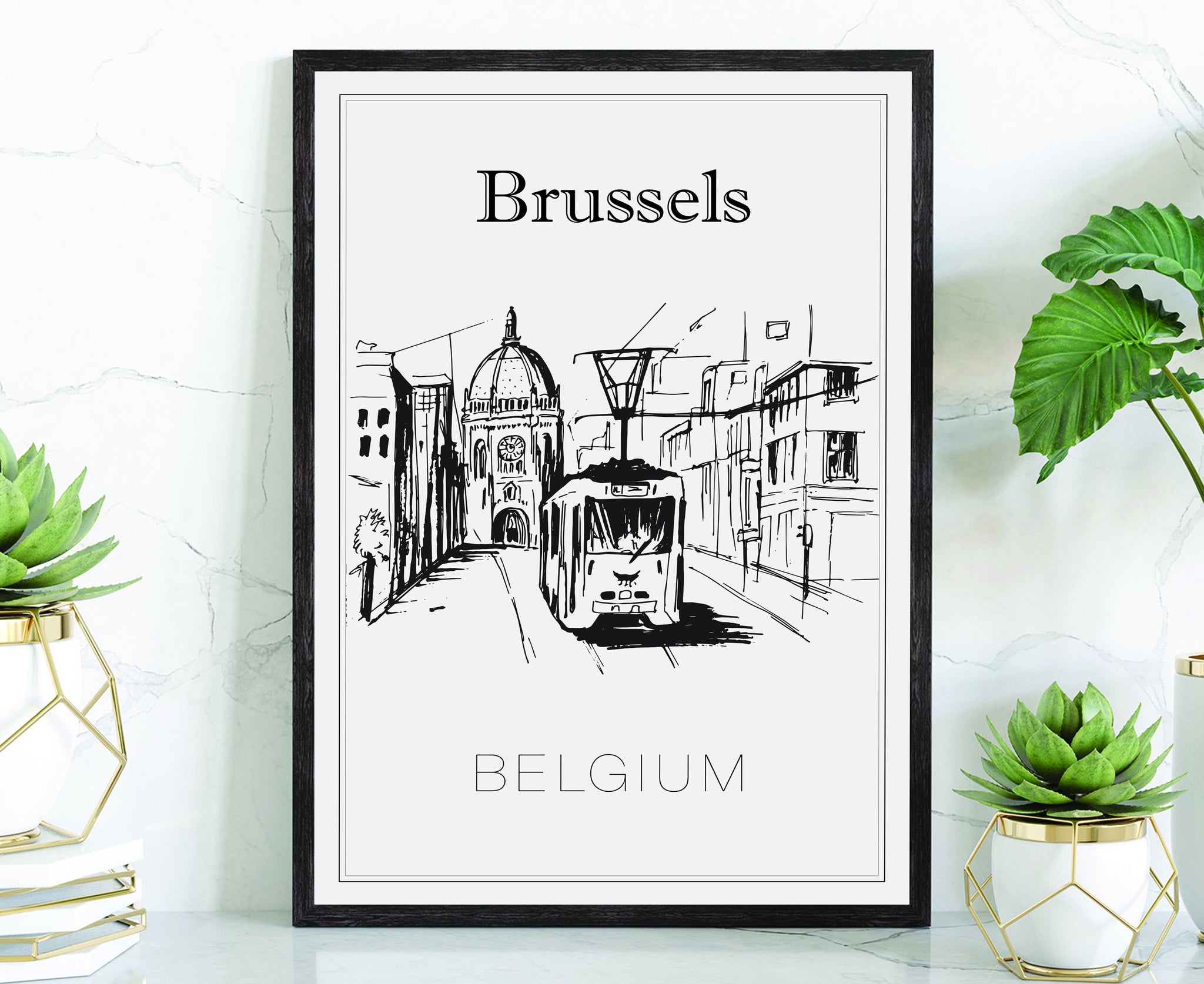 Hand Drawn Poster, Brussels Travel Poster, Belgium Poster Wall Art, Brussels Cityscape and Landmark Map, City Map Poster For Home and Office